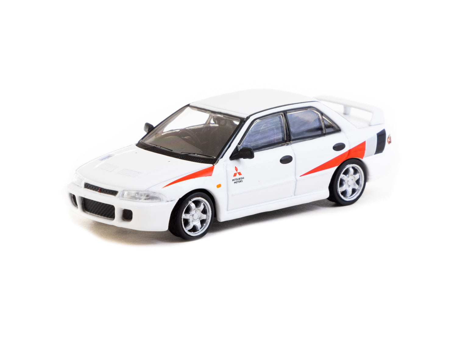 Tarmac Works 1/64 Scale Mitsubishi Lancer RS Evolution Diecast Model Car - White - Collectible Miniature Vehicle for Display & Racing Scenes