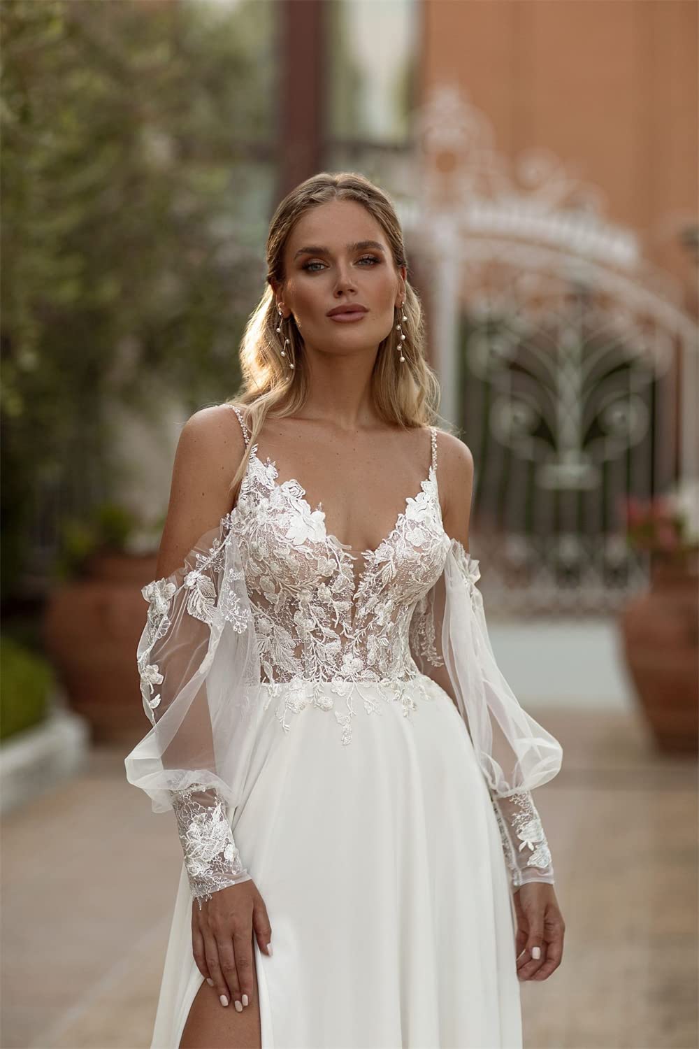 Elegant Long Sleeve V-Neck A-Line Chiffon Wedding Dress with Floral Lace Appliques - Perfect for Church Ceremony, Garden Wedding & Romantic Photoshoots