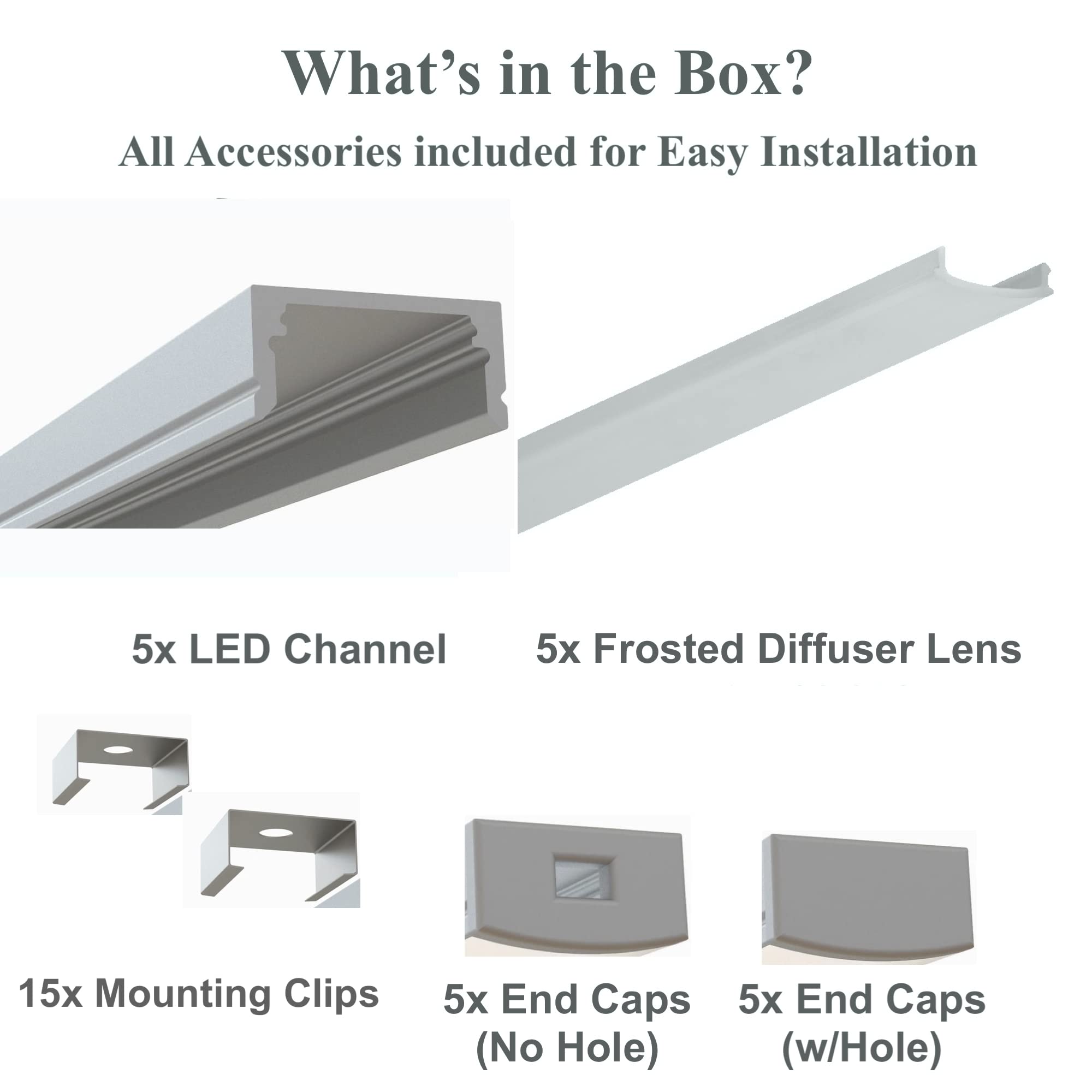 LED Aluminum Channel 5-Pack 8ft (2.4Meter) with Frosted Diffuser for LED Strip Lights - 1971 Series Extrusion Fits Up to 12mm/0.47