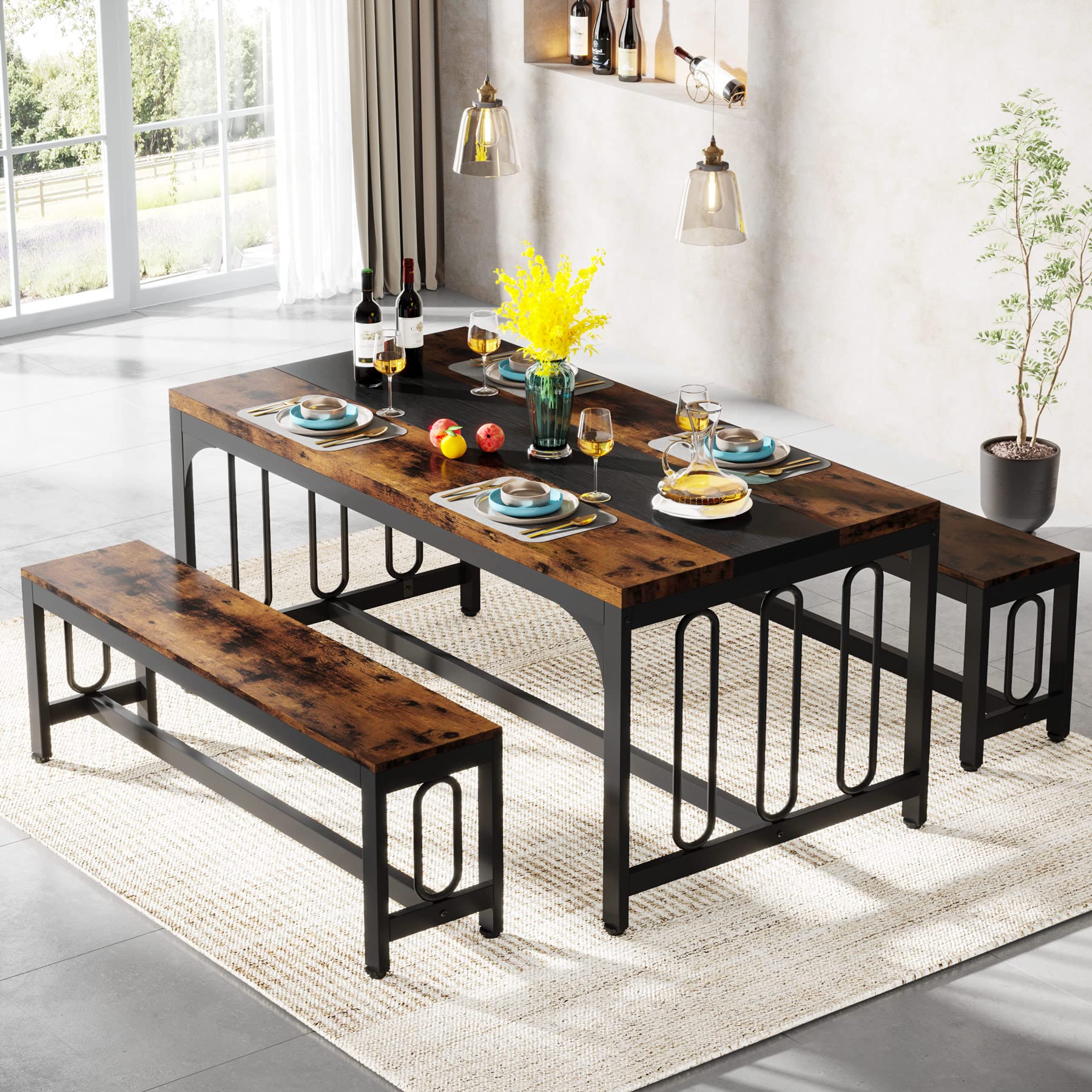 Tribesigns 55 Inch Dining Table Set for 4-6 with 2 Benches, Space-Saving 3-Piece Kitchen Table Set - Rustic Brown Wood for Home, Restaurant & Small Spaces | Perfect for Breakfast Nook, Apartment Dining & Outdoor Patio