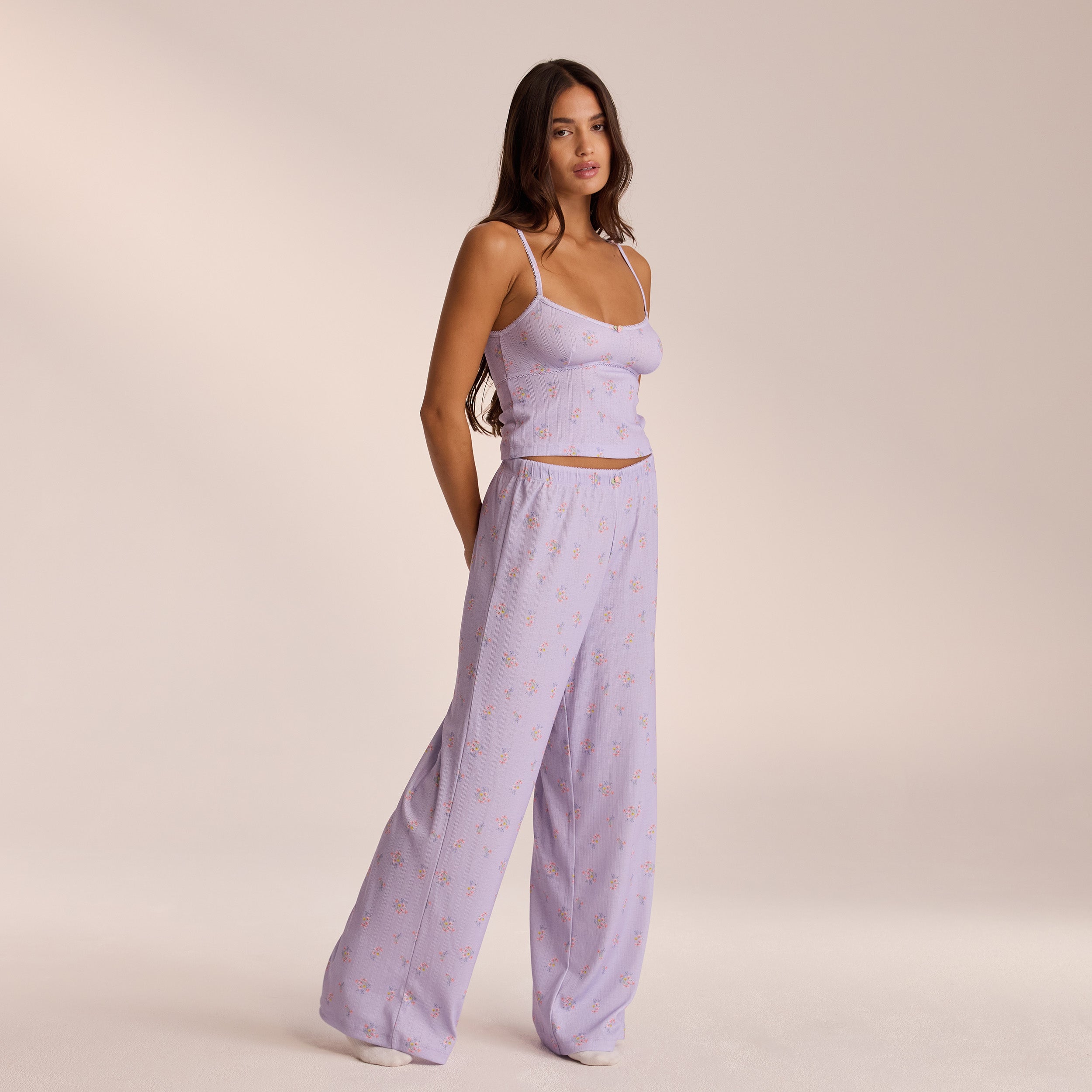 Lilac Floral Pointelle Pajama Bottoms for Women - Soft & Comfortable Sleepwear for Relaxing at Home or Lounging