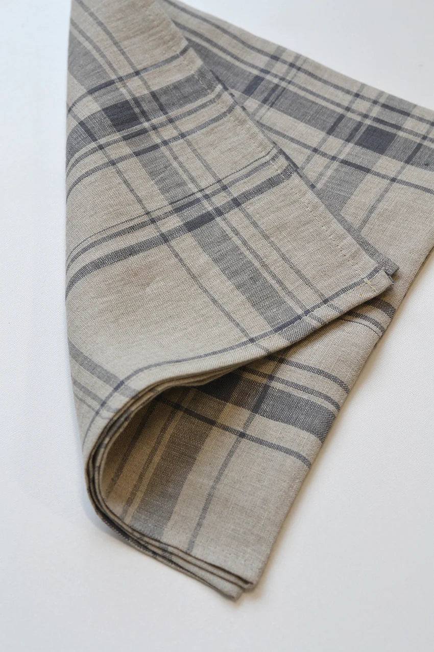 Premium Maine Natural Linen Napkins Set of 2 - Elegant Pewter Plaid Design for Fine Dining, Wedding Gifts & Rustic Table Decor