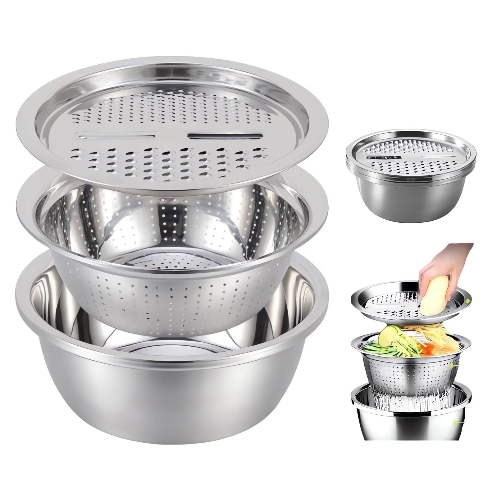 Germany Multifunctional Stainless Steel Colander Strainer Set - 9.45in Salad Spinner, Fruit & Vegetable Washing Basket, Rice Rinser with Container | Perfect for Kitchen, Cooking, Meal Prep & Healthy Eating