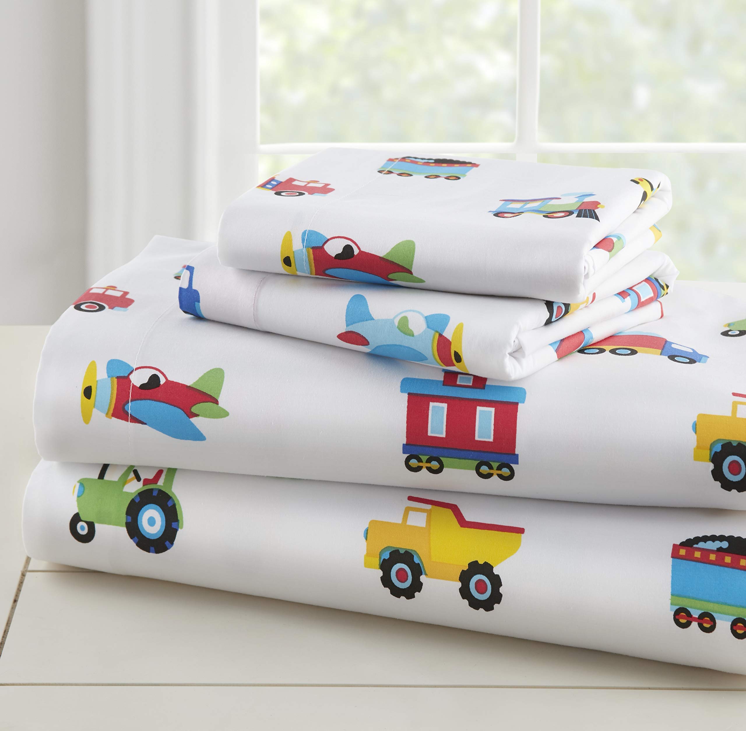Wildkin 7-Piece Full Bedding Set – 100% Cotton Comforter, Sheets & Pillowcase for Boys | Soft & Breathable Train Airplane Truck Design | Perfect for Kids Bedroom, Sleepovers & Cozy Nights