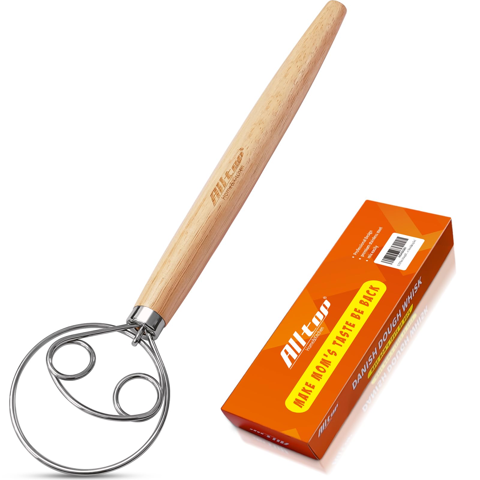 ALLTOP Danish Dough Whisk - Stainless Steel Bread Mixer & Sourdough Stirring Stick - Perfect Dutch Oven Baking Tool for Homemade Artisan Bread, Pizza Dough & Pastries - Essential Kitchen Utensil for Bakers