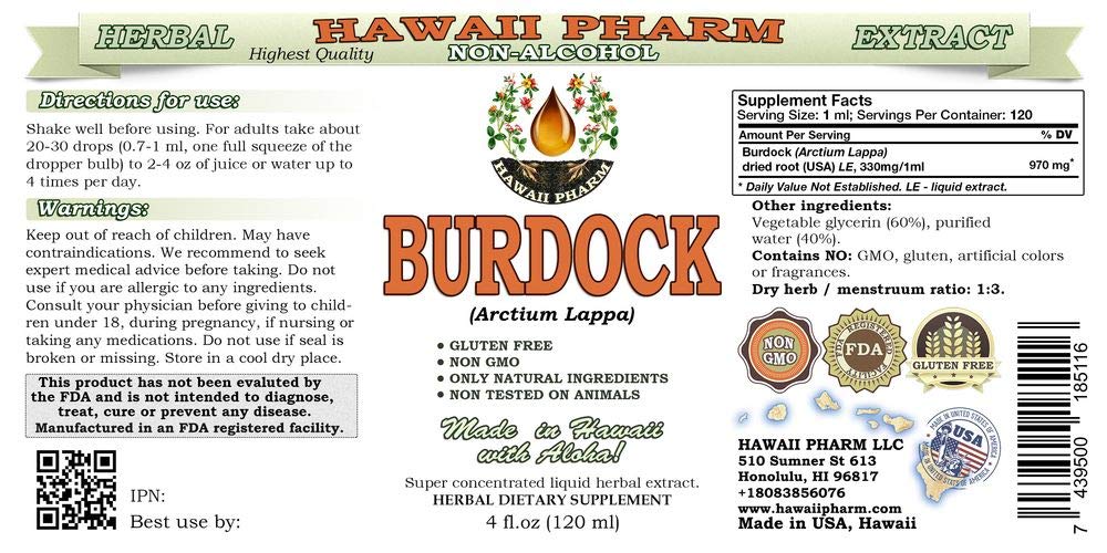 Organic Burdock Root Liquid Extract (Arctium Lappa) - Alcohol-Free Glycerite Herbal Supplement by Hawaii Pharm - 4 oz Bottle (Pack of 15) - Supports Liver Health & Skin Care - Perfect for Detox & Herbal Tea Blends