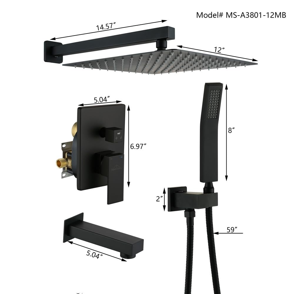 Premium 12 Inch Rainfall Shower System - High Pressure Matte Black Shower Head with 3 Functions (Wall Mounted) for Spa-Like Bathroom Experience