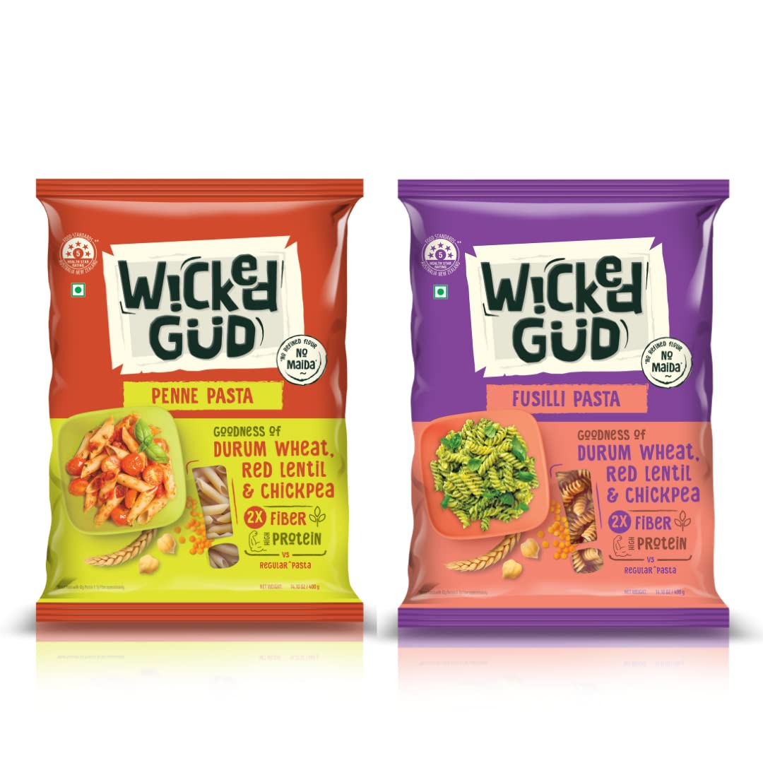 WickedGud 2X High Fiber Penne & Fusilli Pasta Combo - Durum Wheat Semolina, Brown Rice & Red Lentils Pasta | No Maida | Healthy Gluten-Free Diet Pasta (400g x 2) | Perfect for Vegan Meals, Weight Loss & Italian Cuisine