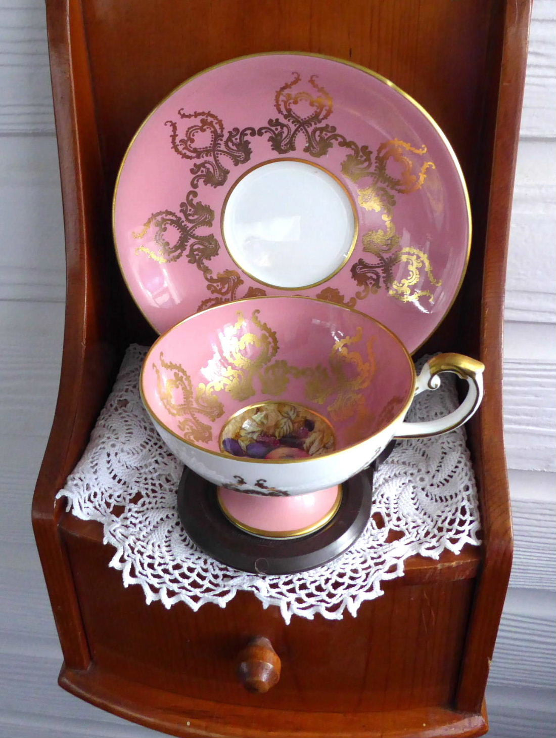Vintage Aynsley Pink & Gold Overlay Bone China Cup and Saucer Set with Fruit Design - Elegant Tea Set for Afternoon Tea, Bridal Shower, or Collectible Display (1950s)