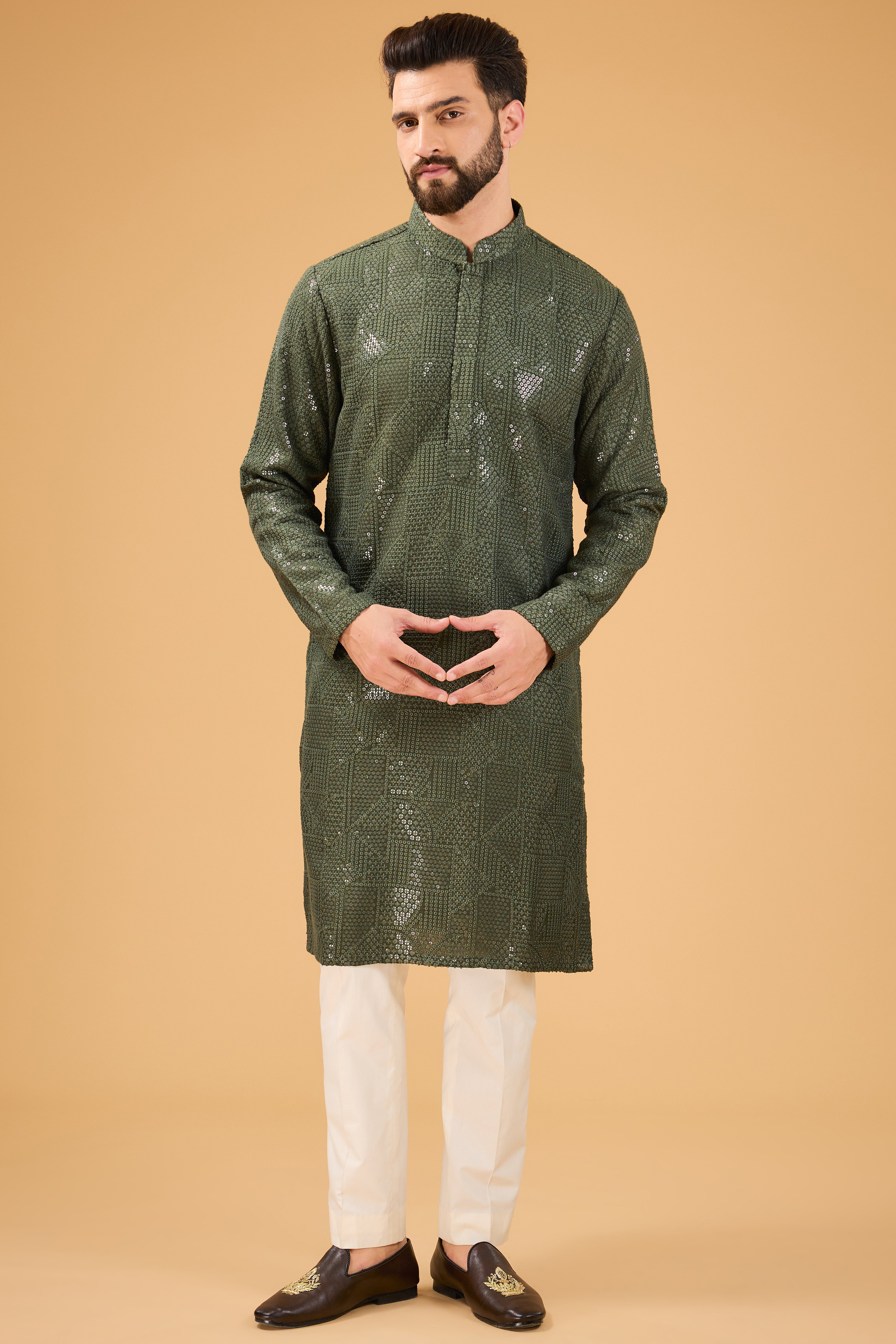 Military Green Embroidered Sequin Kurta for Women - Geometric Design Heavy Sequins - Perfect for Festivals, Parties, and Special Occasions