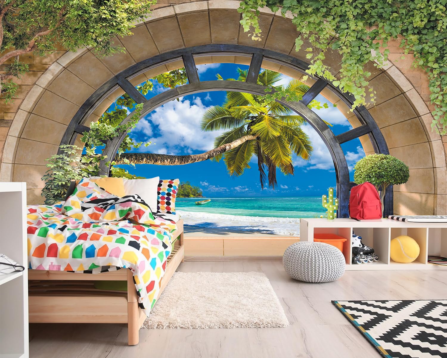 FLFK 3D Window Tropical Beach Palm Tree Peel and Stick Wall Mural - Self-Adhesive Wallpaper Poster for Bedroom, Living Room & Home Decor (118