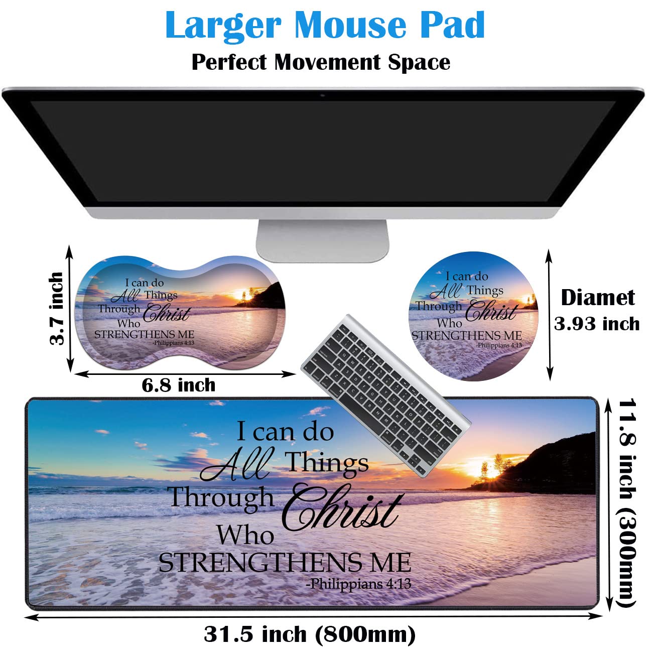 3-Piece Premium Mouse Pad Set with Stitched Edge - Extra Large Non-Slip Desk Mat, Keyboard Pad & Memory Foam Wrist Rest + Bonus Coaster - Office & Home Workspace Essentials (Bible Verse Philippians 4:13 Design) - Perfect for Gaming, Computer Work & Ergonomic Comfort