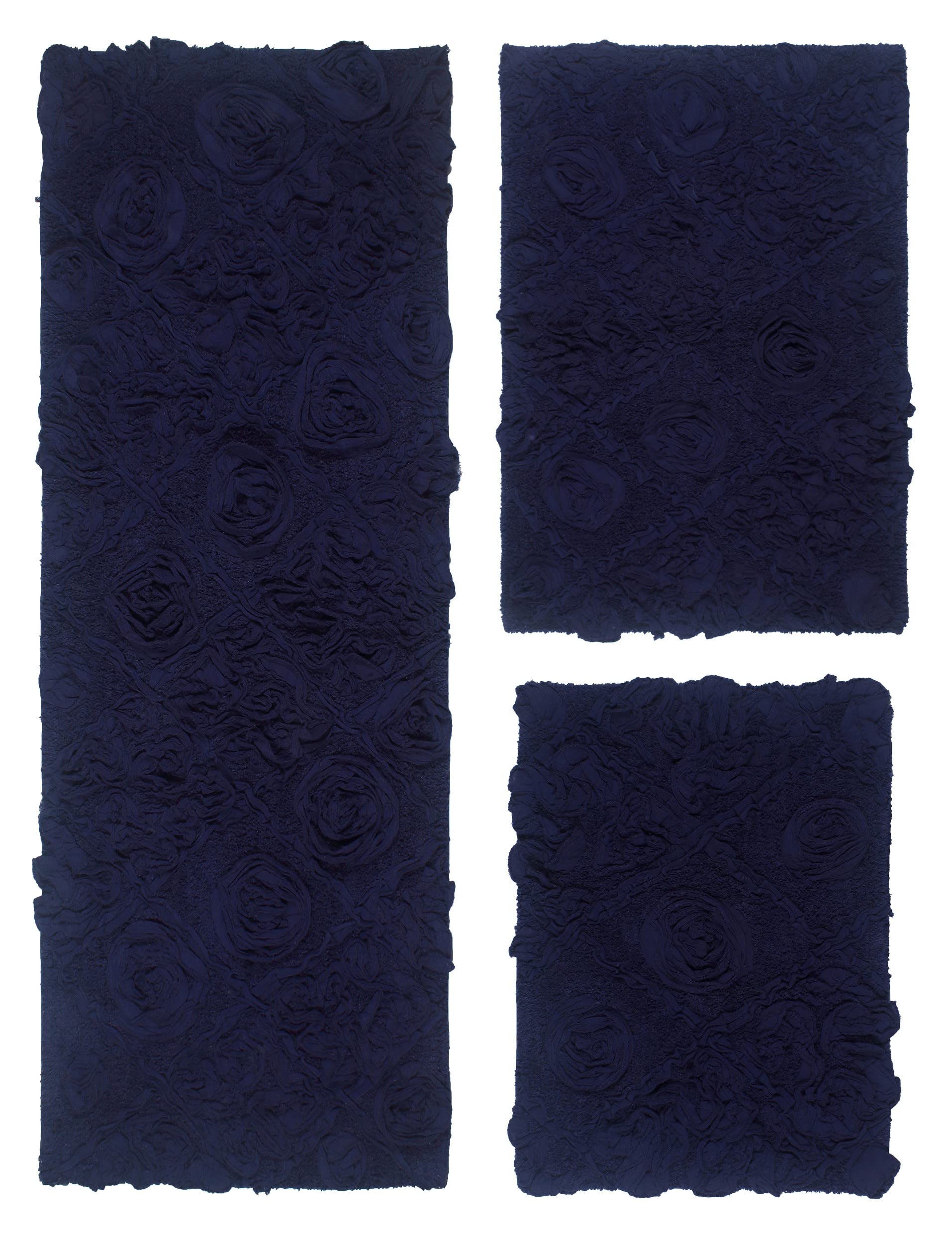 Home Weavers Modesto 100% Cotton Bath Rug Set - Ultra Soft & Absorbent Non-Slip Bathroom Mats, Washable Kitchen & Bath Floor Mats with Runner - 3 Piece Set in Navy | Perfect for Bathrooms, Showers & Entryways