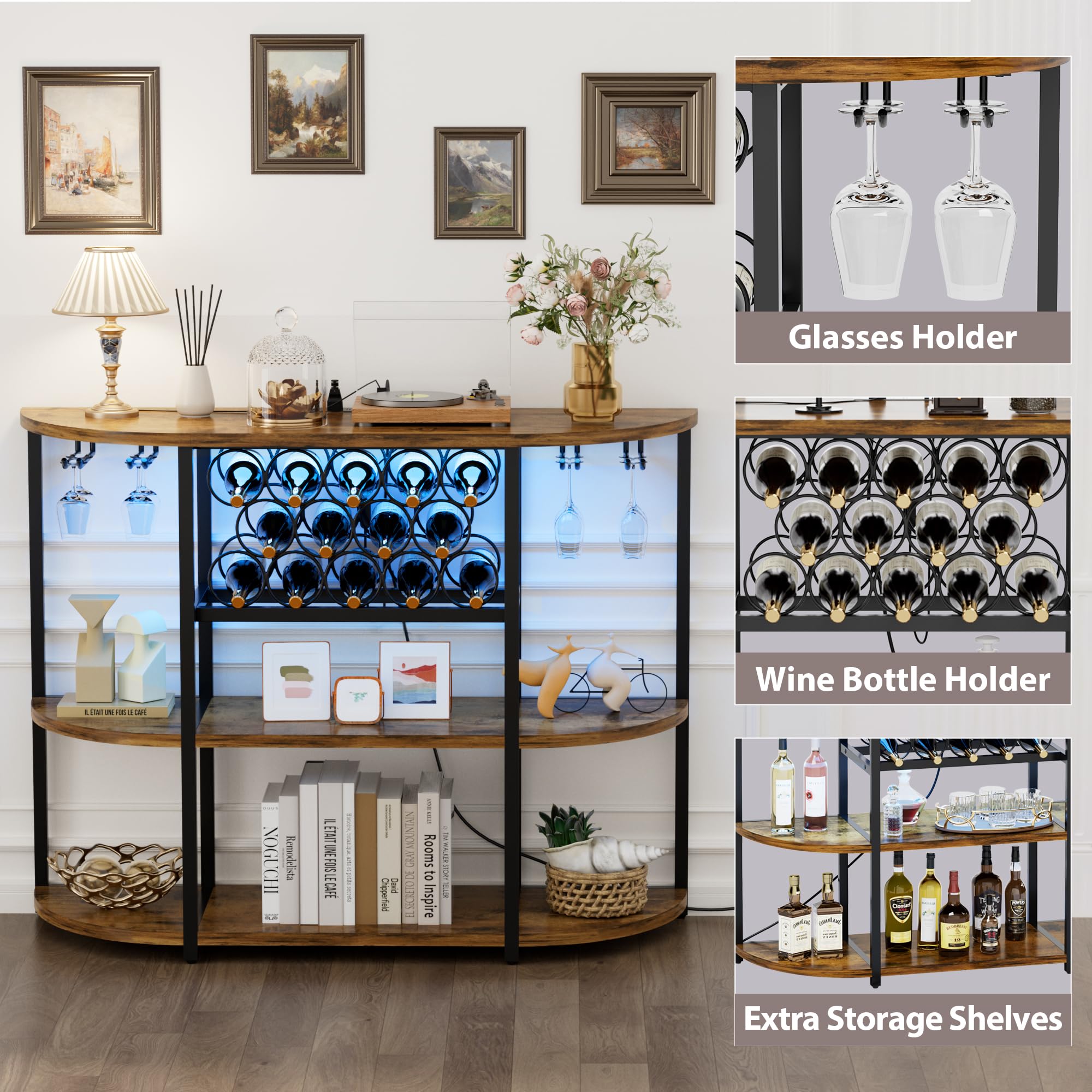 Shahoo Rustic Brown Wine Bar Cabinet with Rack - Built-in Power Outlets & LED Lights, Storage Shelves for Liquor Bottles & Glasses - Perfect for Home Kitchen, Dining Room or Entertainment Area