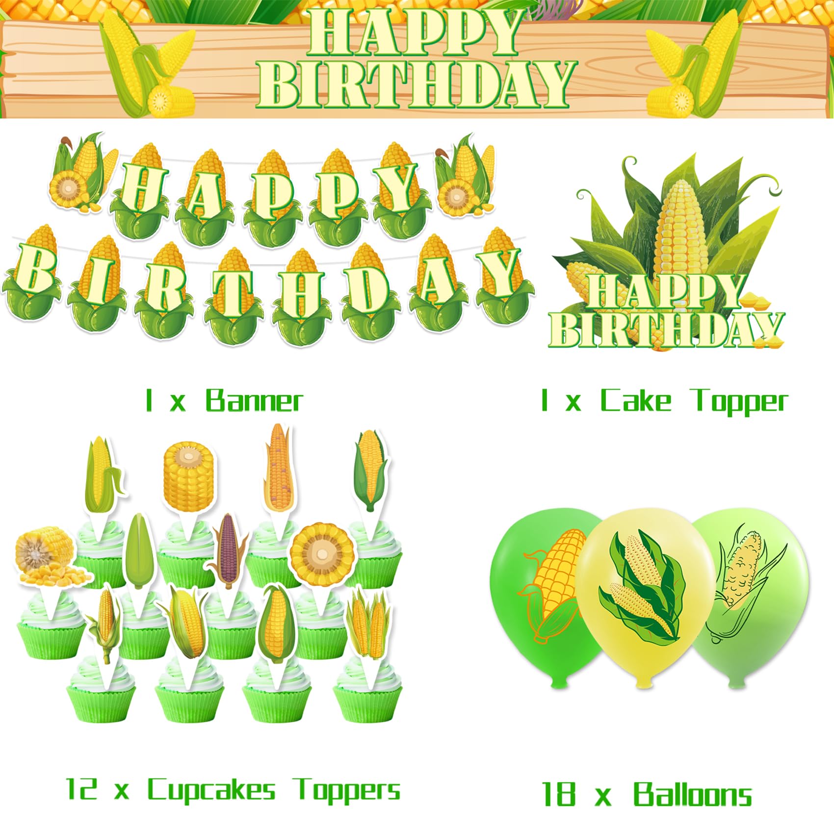 Corn Themed Party Decorations Set - Includes Happy Birthday Banner, Cake Topper, Cupcake Toppers & Balloons for Birthday, Baby Shower, Wedding & Vegetable Themed Parties - Perfect for Farmhouse, Harvest & Fall Celebrations