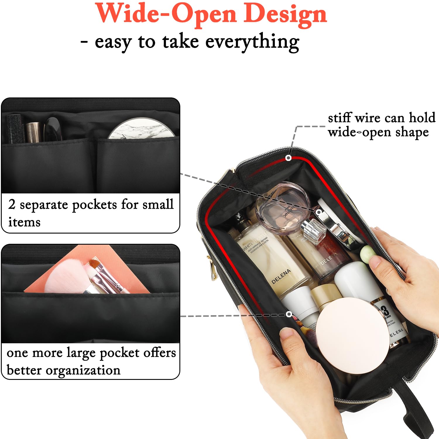 Travel Makeup Bag with Brushes Pocket - Large Cosmetic Organizer for Women | Perfect for Travel & Skincare Storage