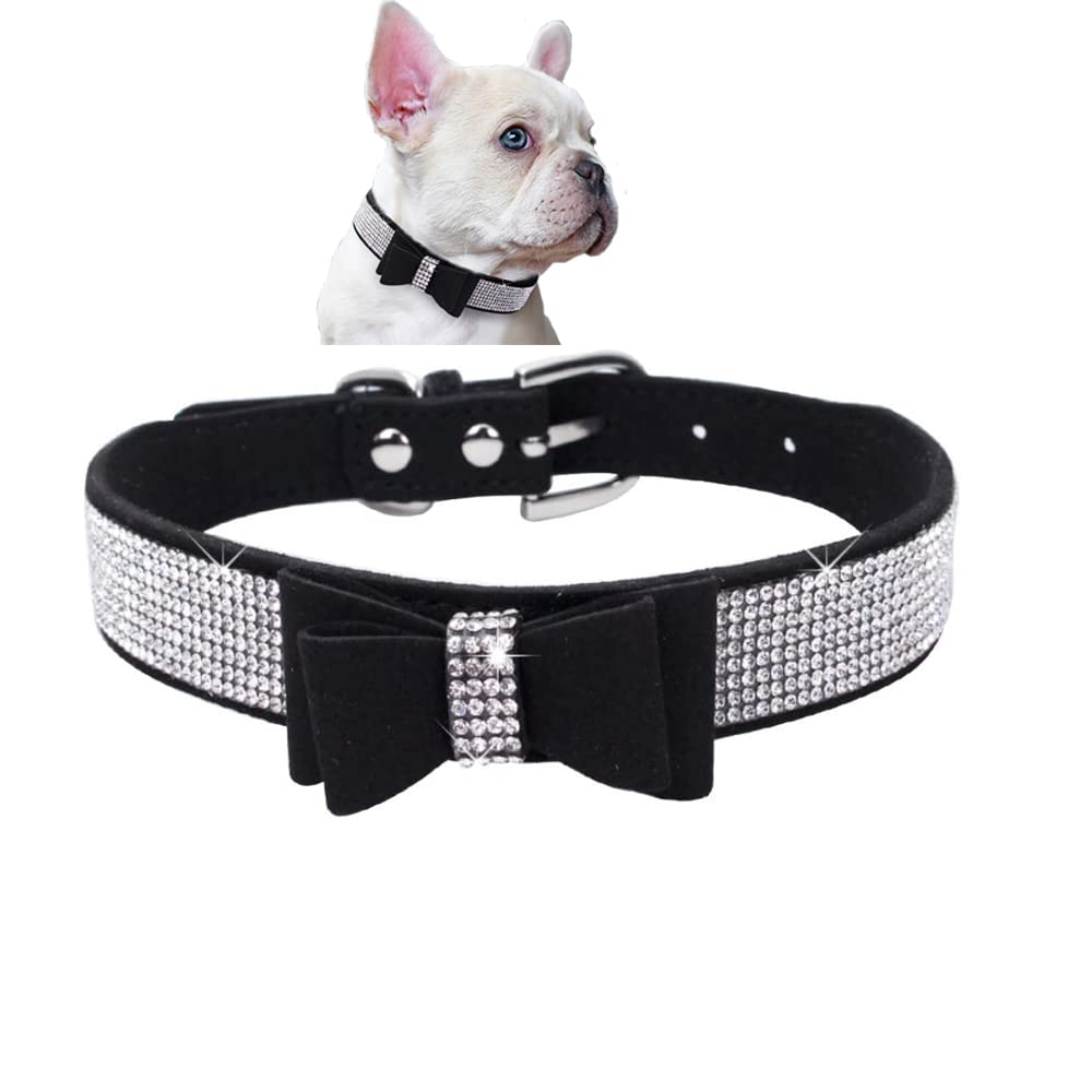 Sparkly Rhinestone Dog Collar with Bow Tie - Bling Collar for XS/S/M Dogs (Black) - Perfect for Pet Parties & Photos