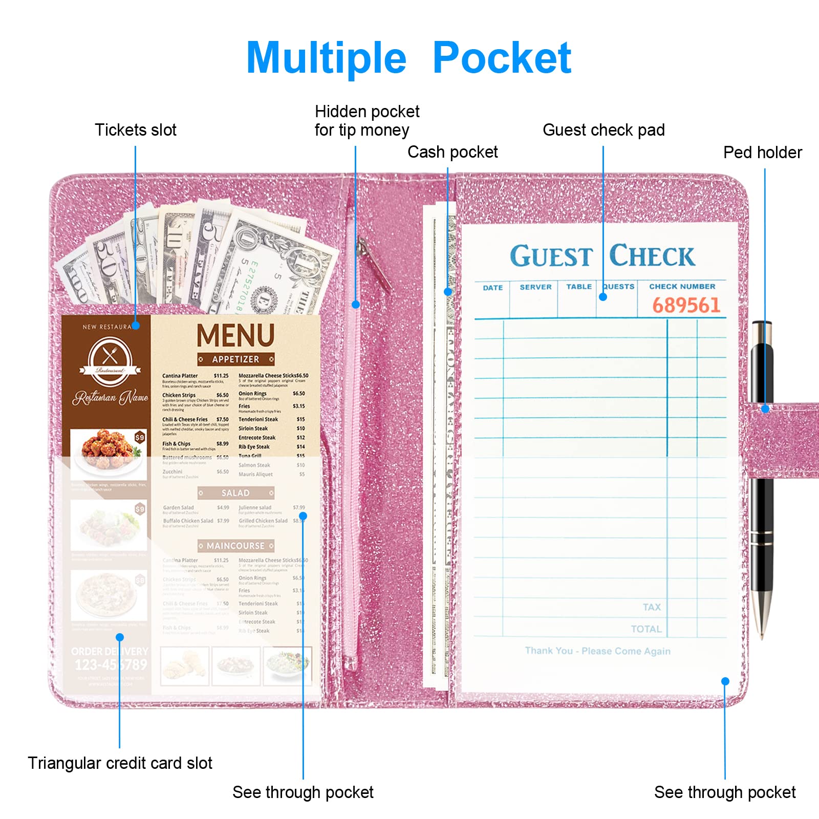 Leather Waiter Book Organizer with Zipper Pocket - Bling Waitress Money Wallet & Pen Holder - Restaurant Server Book for Waitress - Glitter Pink - Perfect for Restaurant Staff, Waiters, and Hospitality Professionals