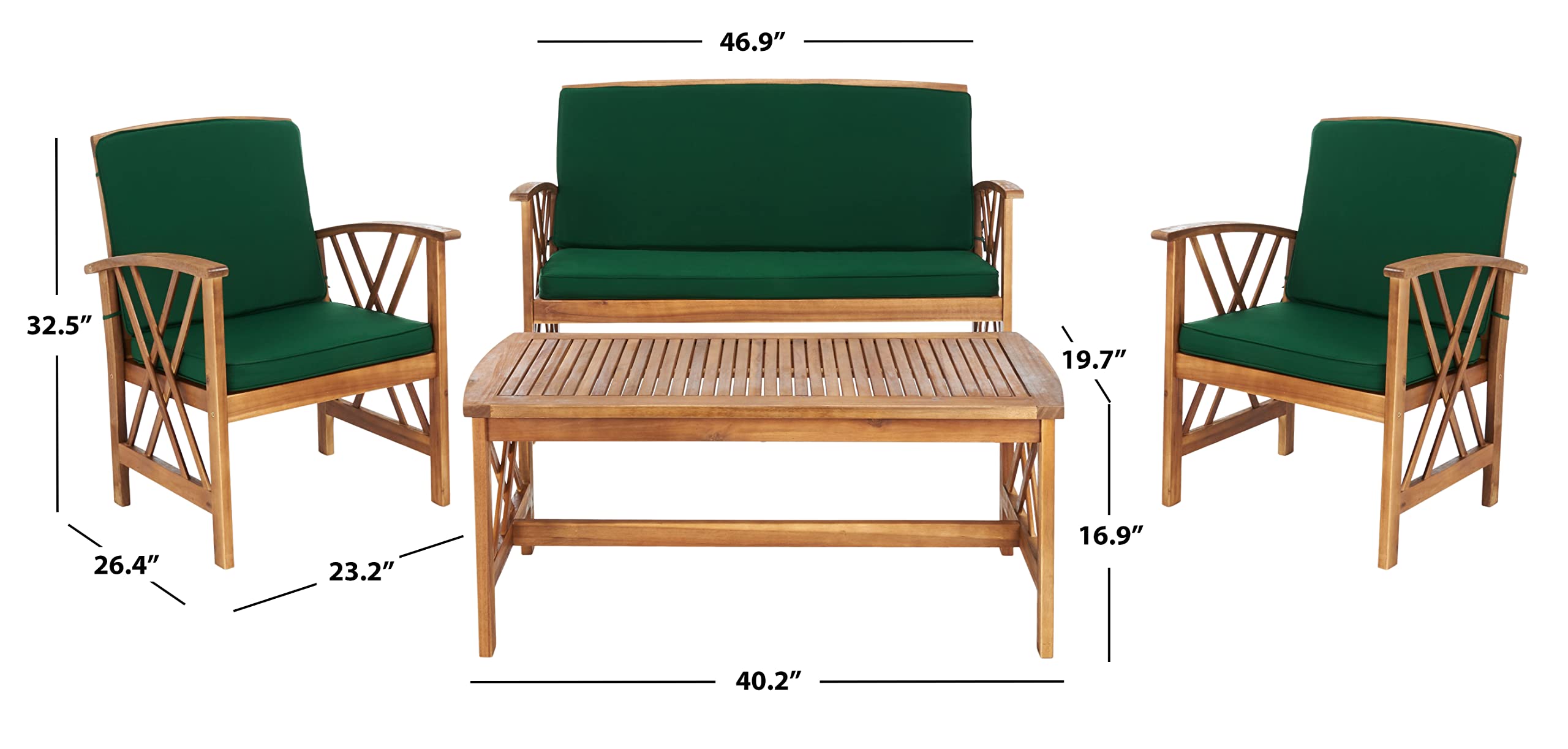 SAFAVIEH Outdoor Collection Fontana 4-Piece Patio Set with Natural/Green Cushions - Perfect for Garden, Backyard, and Poolside Conversation Areas