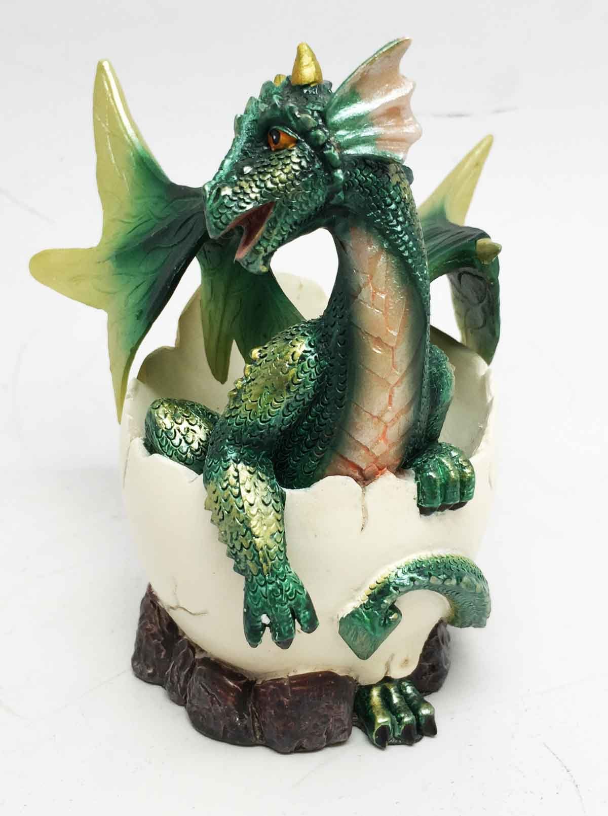 Smiling Green Baby Dragon Hatching from Egg - Handcrafted Collectible Figurine for Fantasy Decor, Gift & D&D Game Accessories