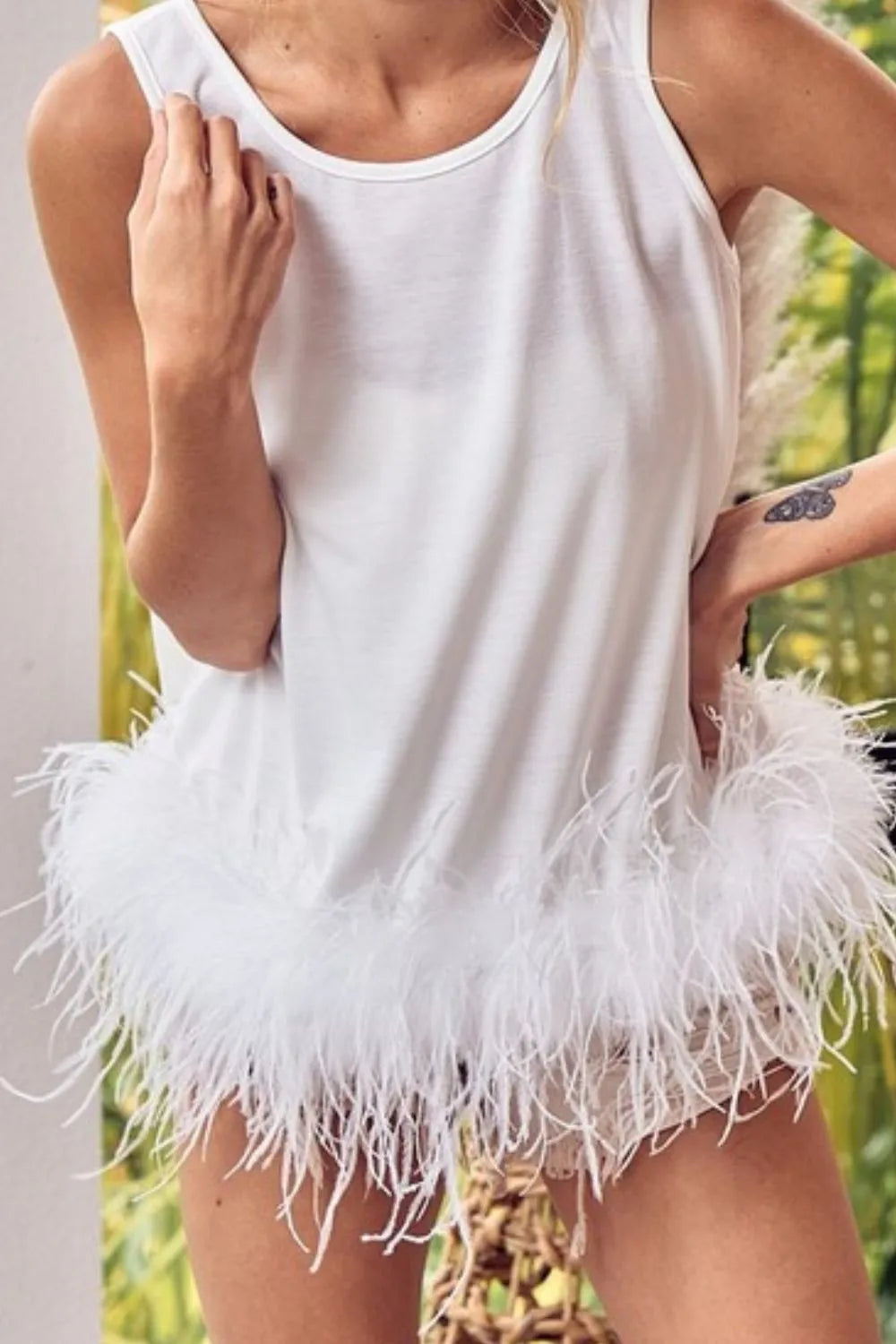 BiBi French Terry Faux Feather Bottom Back Tied Top - Stylish Women's Casual Crop Top for Outfits, Date Night & Summer Fashion