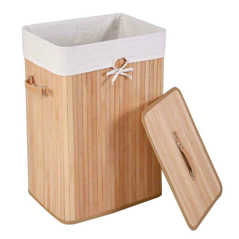 XDE Single Lattice Bamboo Folding Laundry Hamper with Lid - Wooden Color Clothes Storage Basket for Bedroom, Bathroom & Laundry Room Organization