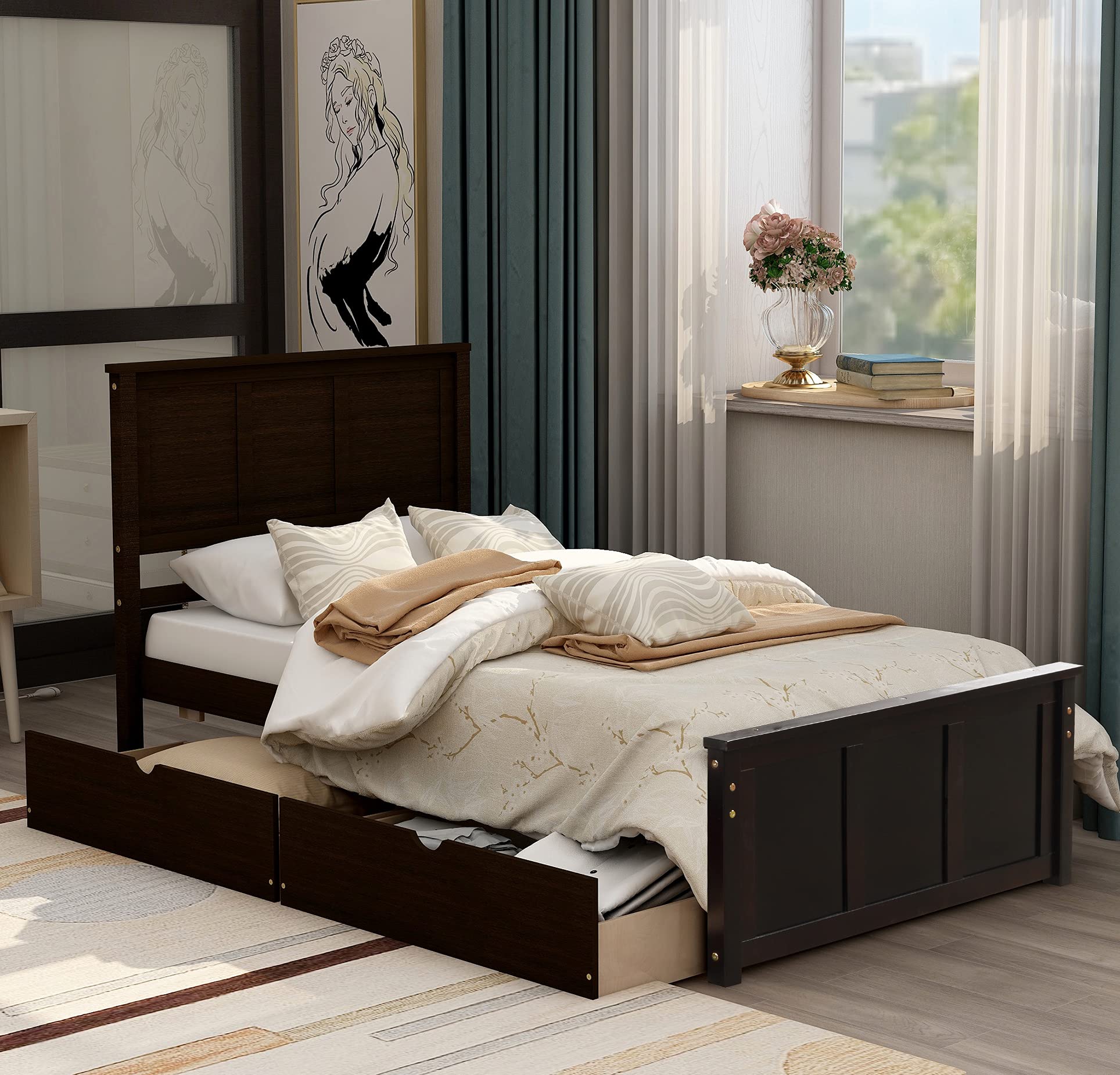 Twin Size Platform Bed Frame with Storage Drawers - Solid Wood Bed with Headboard & Footboard - No Box Spring Required - Espresso Finish - Perfect for Small Bedrooms, Guest Rooms & Dorm Rooms