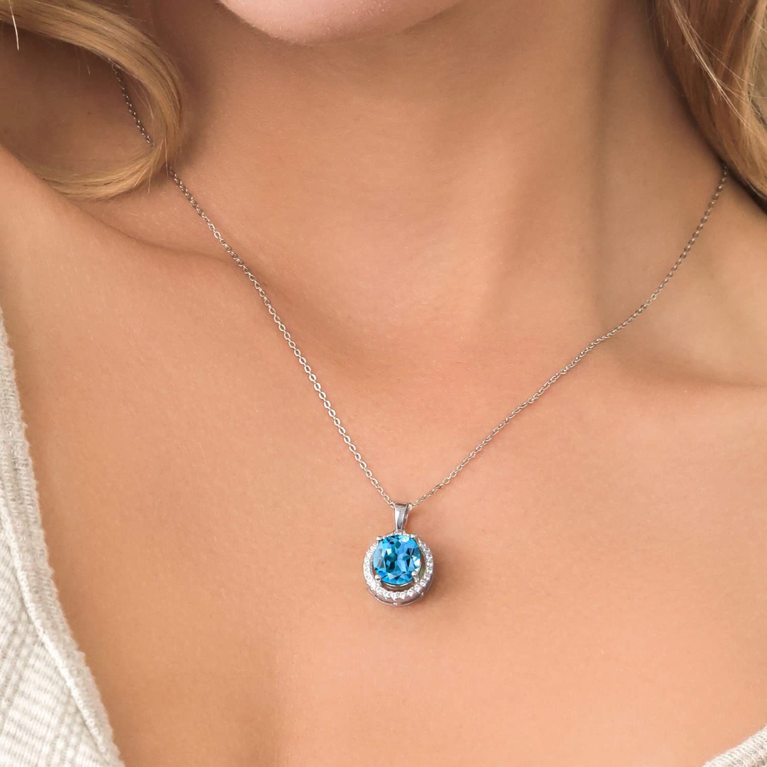 Gem Stone King 925 Sterling Silver 11X9MM Oval Birthstone & White Moissanite Halo Pendant Necklace for Women | 18 Inch Chain | Perfect for Birthdays, Anniversaries & Special Occasions