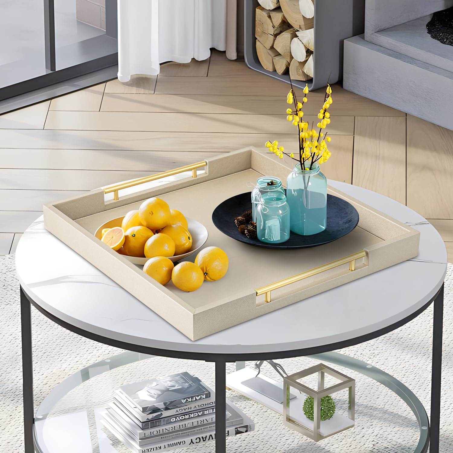 Champagne Faux Leather Serving Tray with Handles - 20x20 Inches Large Decorative Tray for Ottoman, Coffee Table, Living Room, Kitchen & Bathroom | Perfect for Entertaining, Home Decor & Organization