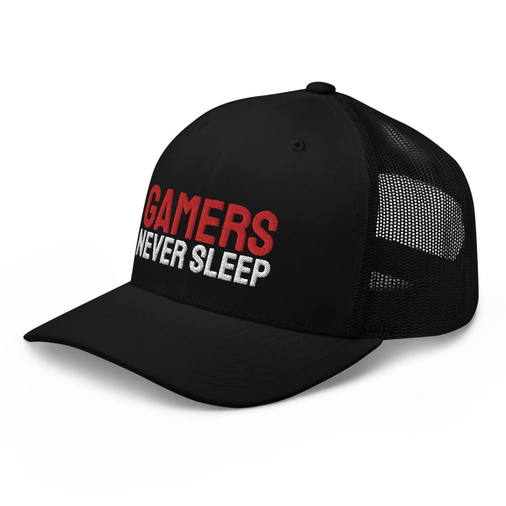 Gamers Never Sleep Adjustable Cotton Gaming Trucker Cap - Perfect for Esports, Streaming & Casual Wear