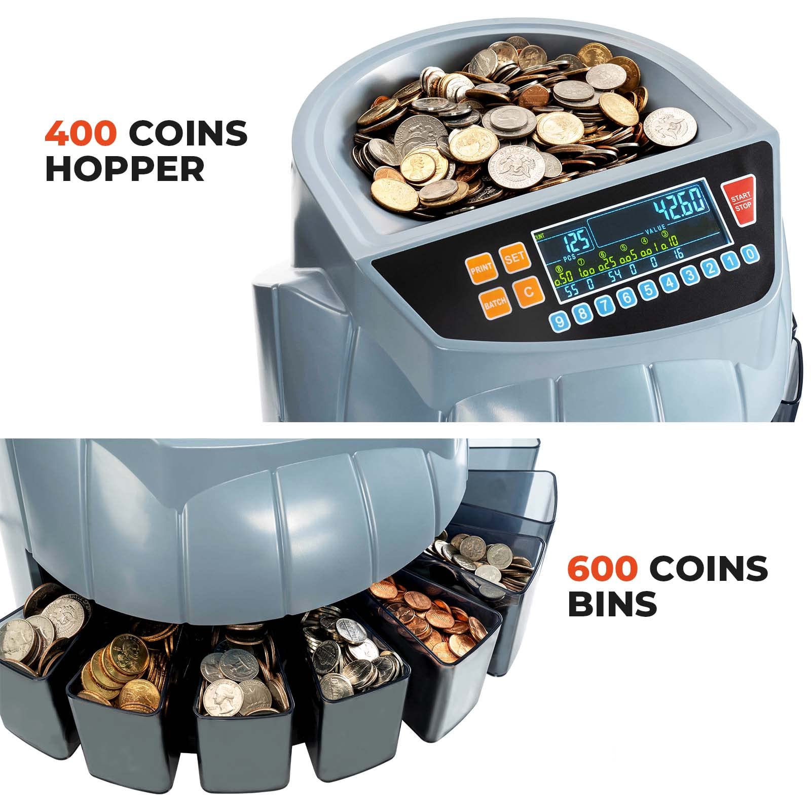 MUNBYN High-Speed Coin Counter and Sorter Machine - Counts 1¢, 5¢, 10¢, 25¢, 50¢ & Dollar Coins (250 Coins/Min) with 6 Sorting Bins | Compatible with Printer & Batch Mode | Perfect for Banks, Retail Stores, and Small Businesses
