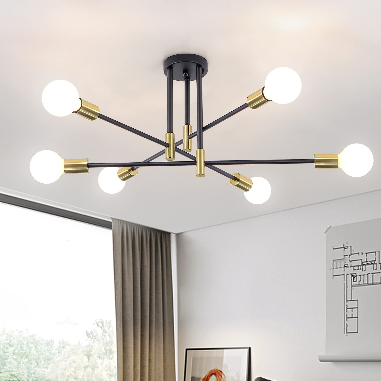 YLCHYTDZSW Black and Gold Modern Sputnik Chandelier - Mid Century Semi Flush Mount Ceiling Light Fixture with E26 Base for Bedroom, Dining Room, Kitchen, Office & Hallway - Perfect for Vintage and Contemporary Home Decor