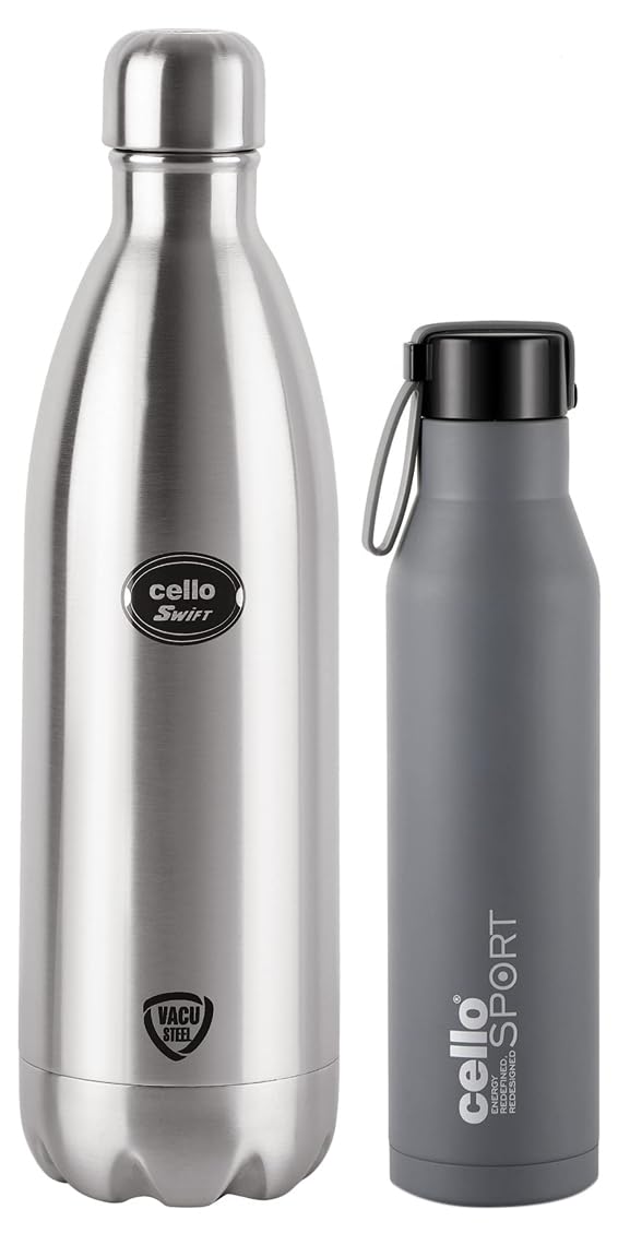 1. Cello Maestro Vacuum Insulated Stainless Steel Water Bottle - 750ml, Grey - Keeps Drinks Hot/Cold for 24 Hours - Perfect for Hiking, Gym & Office    2. Cello Swift Vacuum Insulated Stainless Steel Water Bottle - 1000ml, Silver - 24-Hour Temperature Retention - Ideal for Camping, Travel & Everyday Use