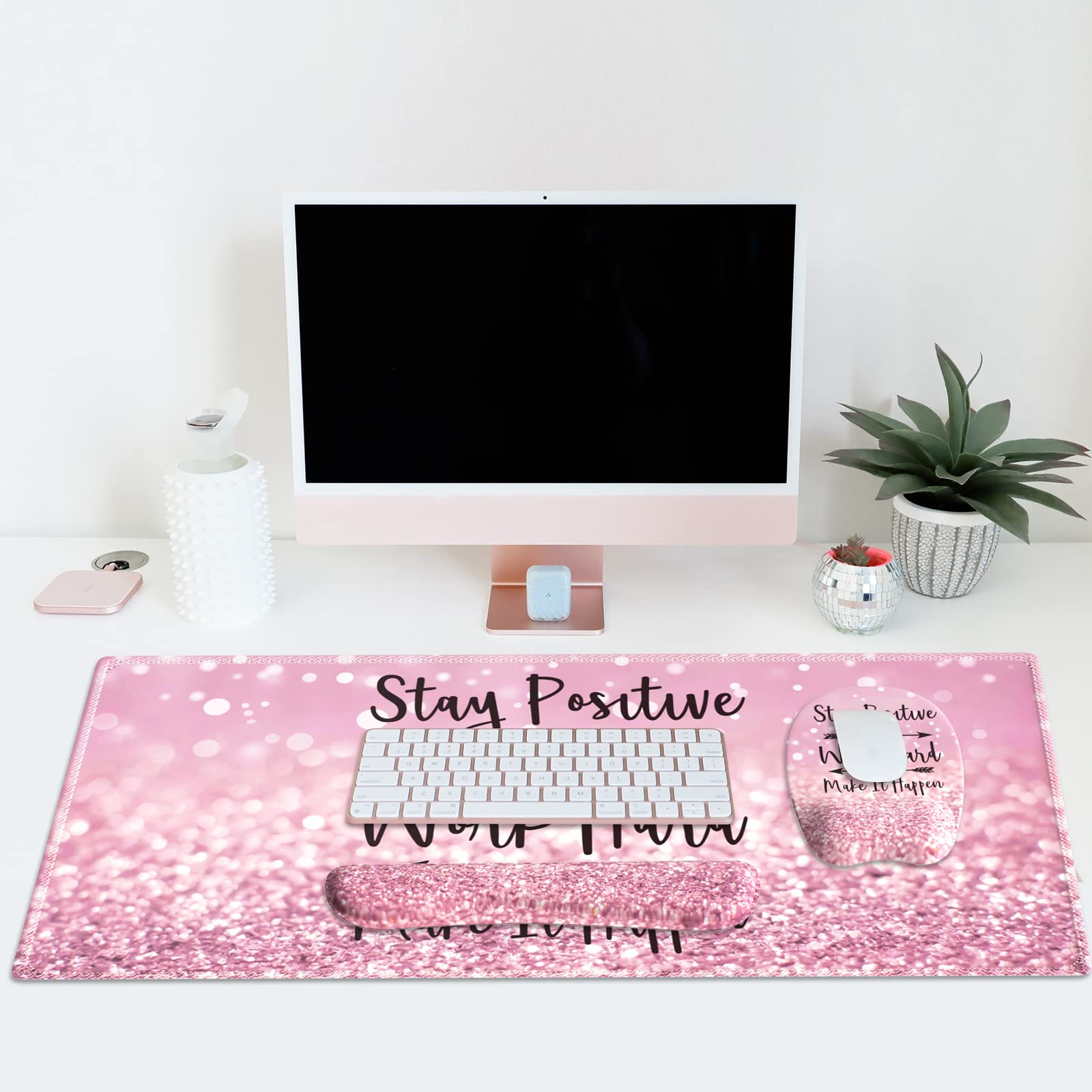 Ergonomic Pink Mouse Pad with Wrist Support - Non-Slip Rose Gold Keyboard Wrist Rest & Desk Mat, Stitched Edges for Durability (Stay Positive Design) - Perfect for Office, Gaming, and Home Workspace Comfort