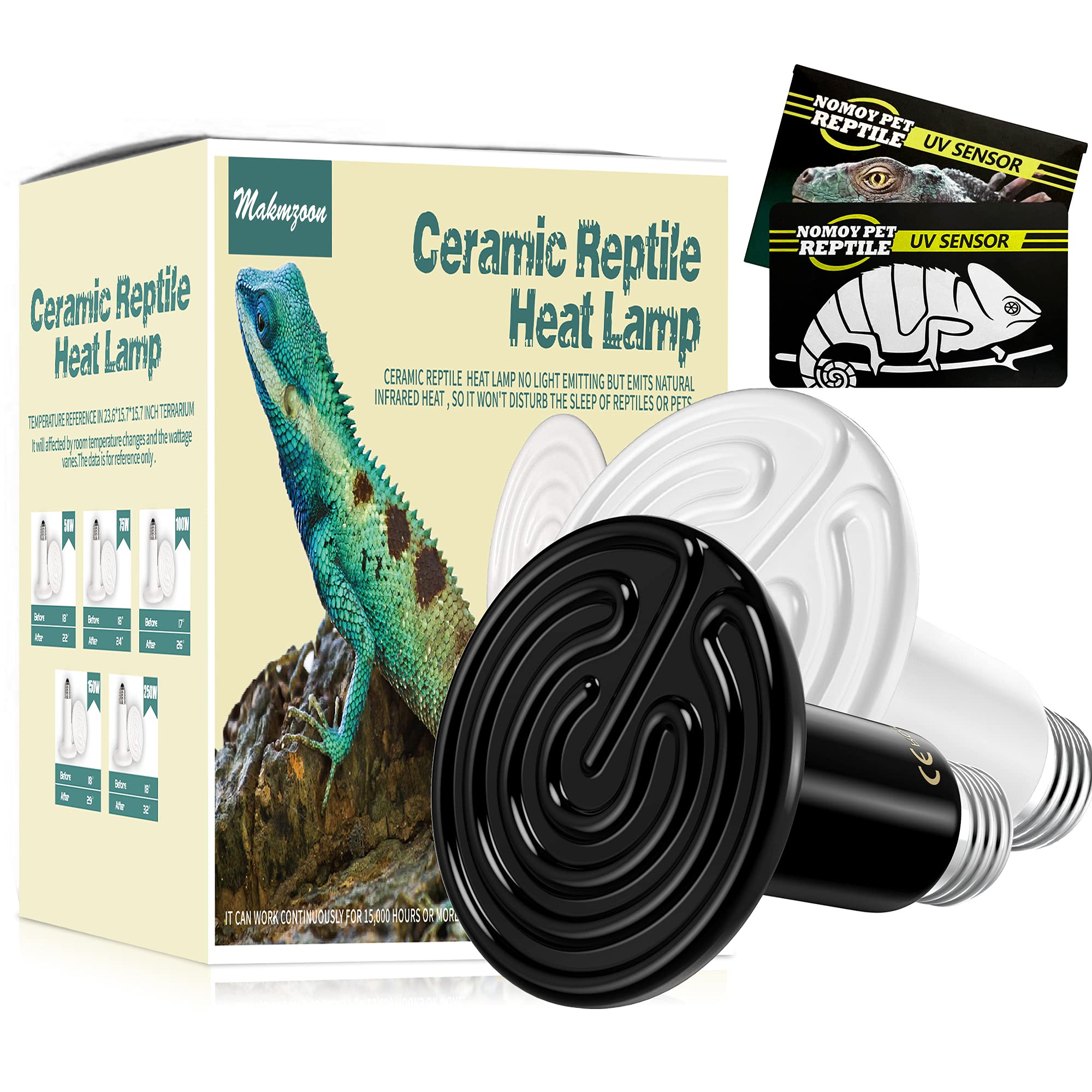 150W Ceramic Heat Emitter Bulb - 2 Pack White & Black Reptile Heat Lamp for Chameleon, Turtle, Snake, Birds | Brooder Coop Heater for Chicken, Reptile Terrarium & Pet Habitat | Durable Ceramic Heating Bulb for Night Use & Temperature Control