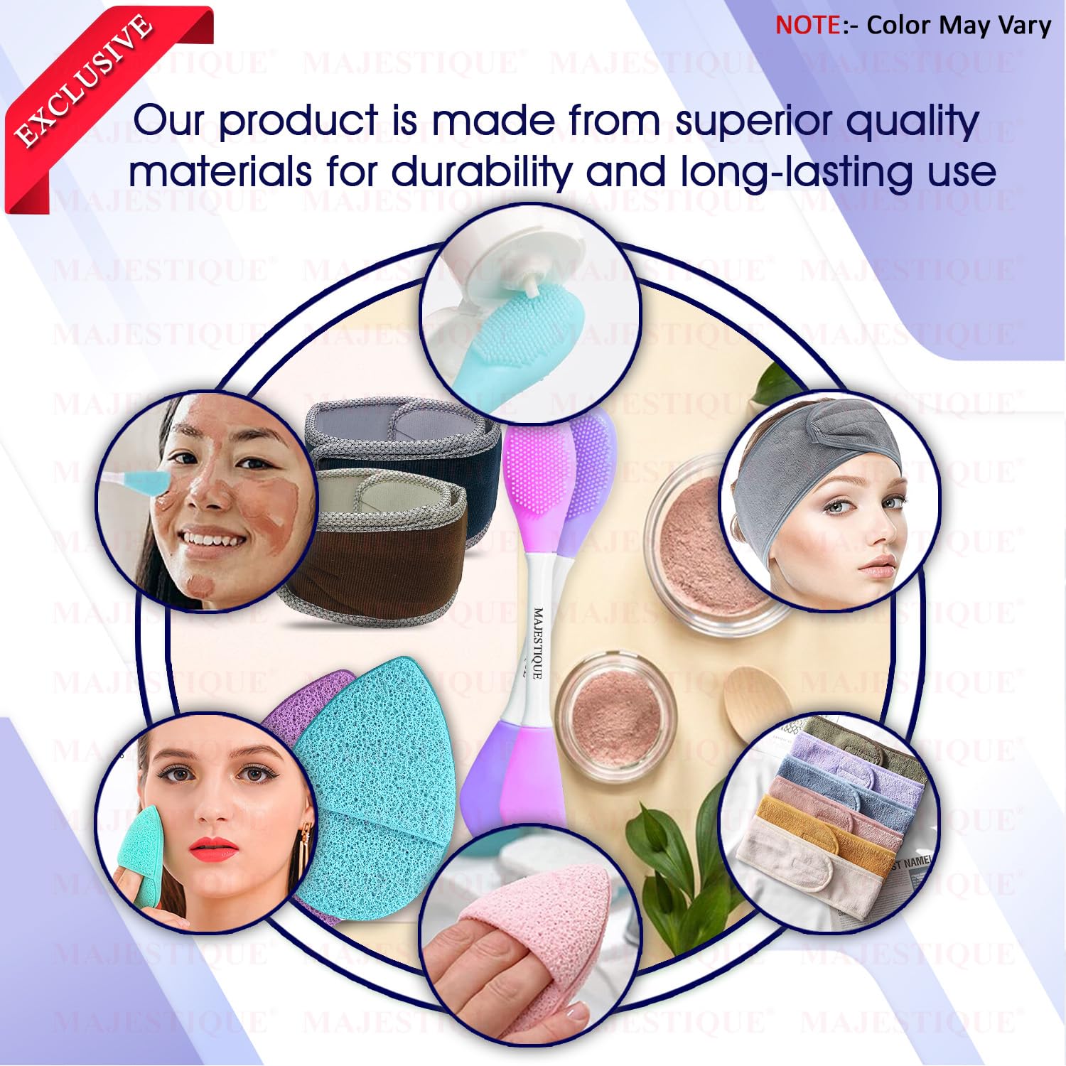 Majestique 3Pcs Multicolor Face Mask Applicator Set with Dual Sided Silicone Brush & Makeup Remover Sponge - Skincare Headband & Facial Tools for Women & Girls - Perfect for Spa Days, At-Home Beauty Routines & Skincare Treatments