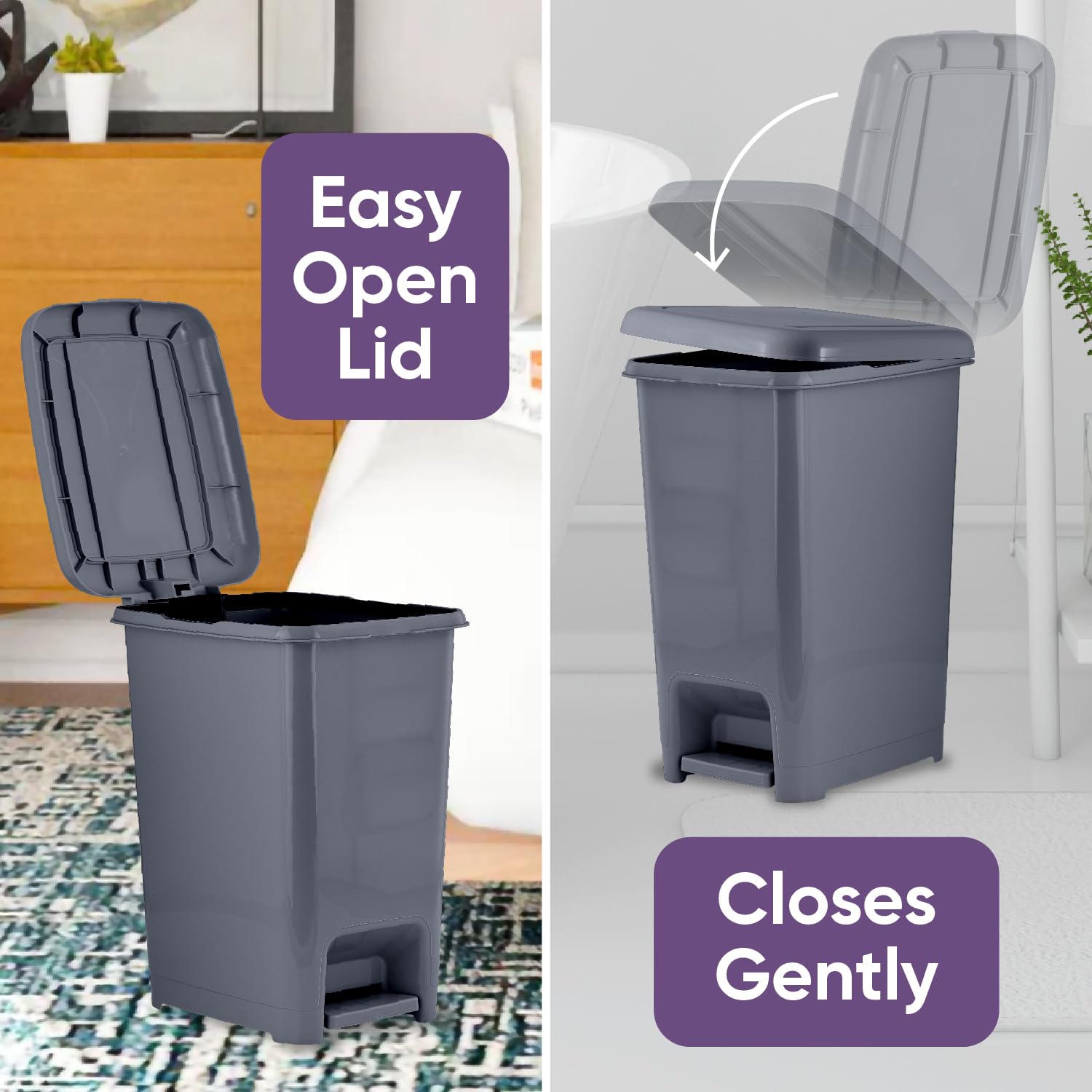 Premium 6.5 Gallon Slim Step-On Trash Can with Lid - Odor-Controlling Kitchen & Bathroom Garbage Bin - Space-Saving Design for Office, Dorm, Bedroom & Patio - Modern Onyx Grey Plastic Wastebasket for Home & Commercial Use
