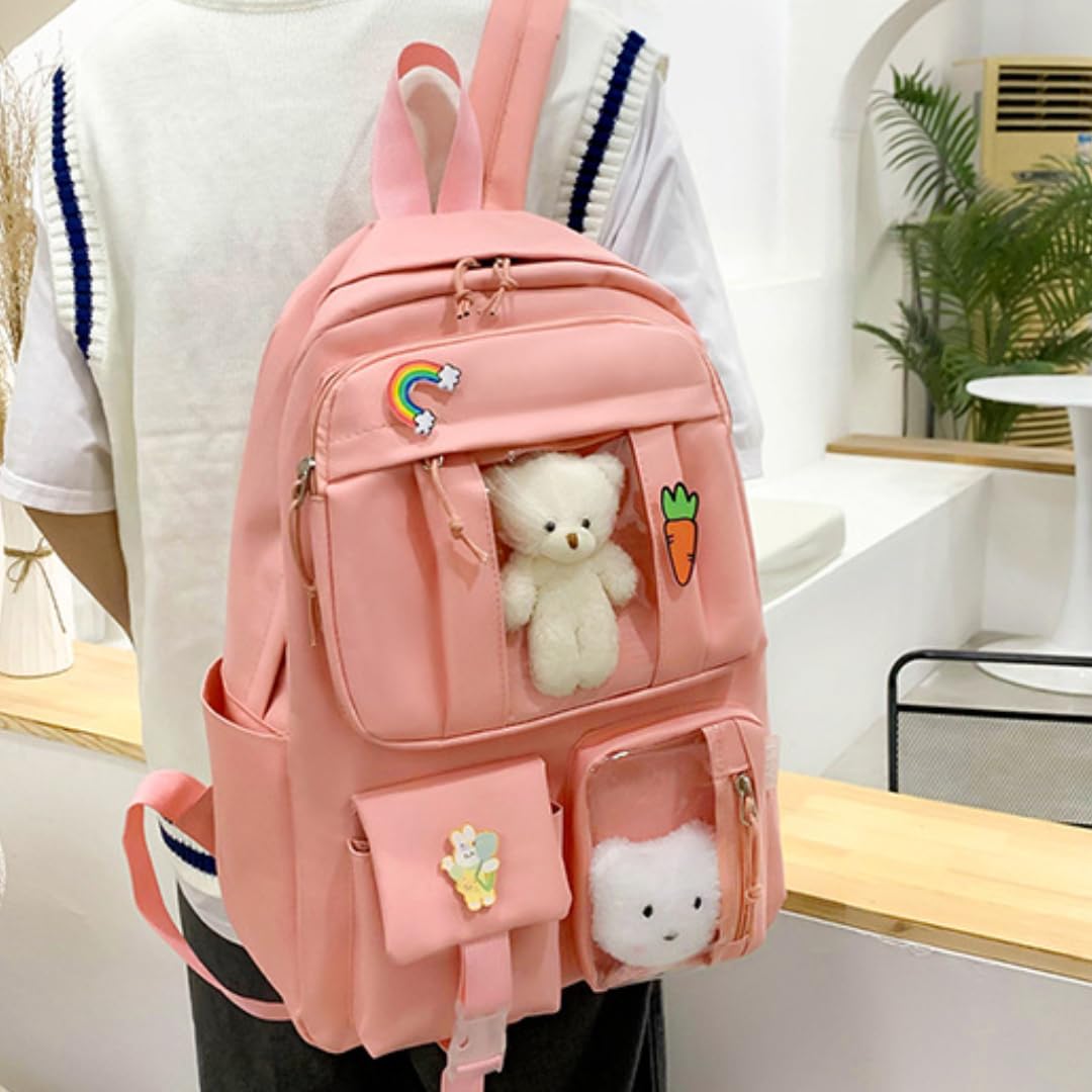 4Pcs Kawaii Cute Backpack Set for School - Aesthetic Pink Backpack with Accessories | Kawaii School Supplies for Girls, Teens & College Students | Perfect for Class, Travel & Daily Use