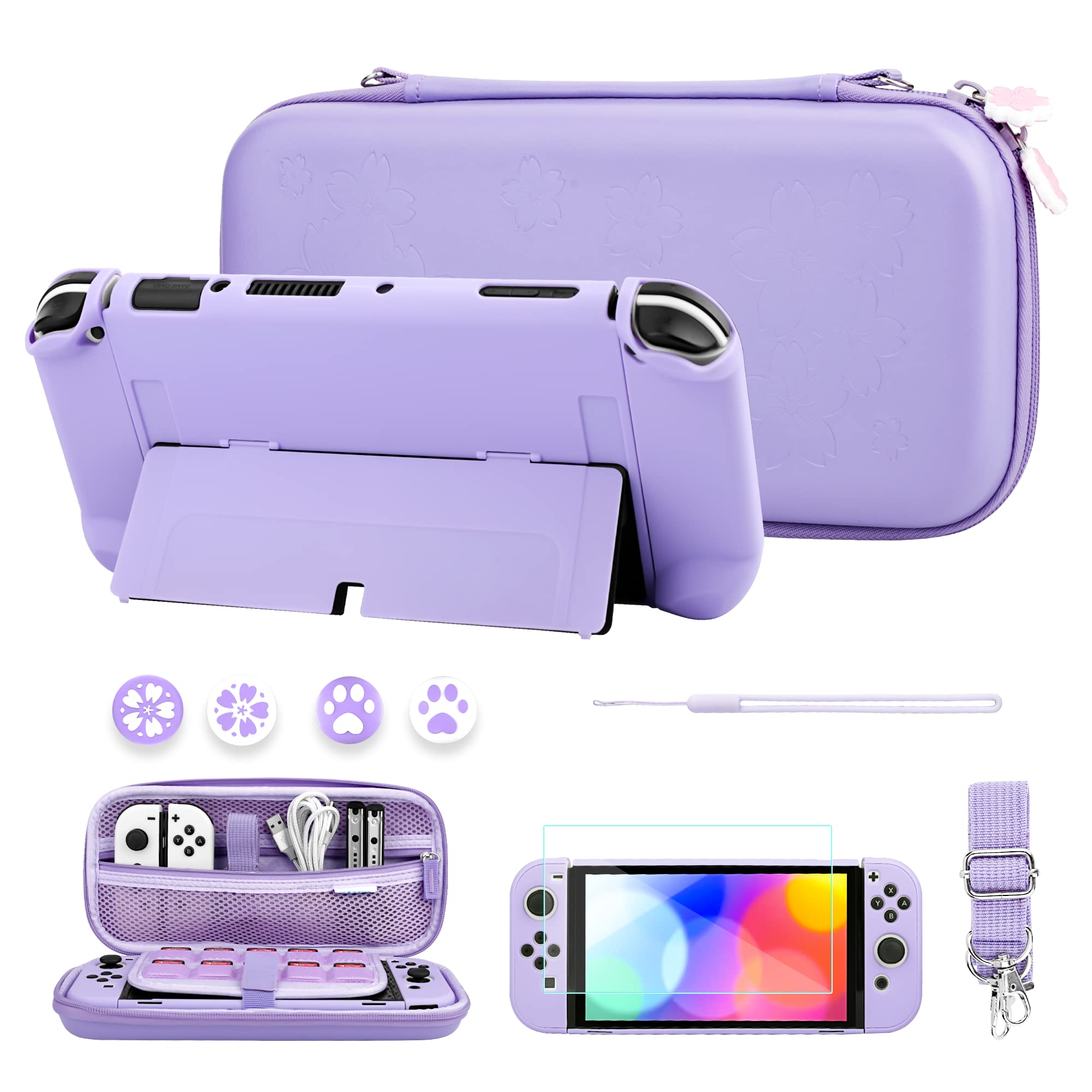 **FUNDIARY Purple Travel Carrying Case for Nintendo Switch OLED – Sakura Design Portable Accessories Kit with Slim Storage Bag, Dockable PC Skin Case, Screen Protector, Shoulder Strap & 4 Thumb Caps – Perfect for Gaming on the Go, Travel, and Home Use**