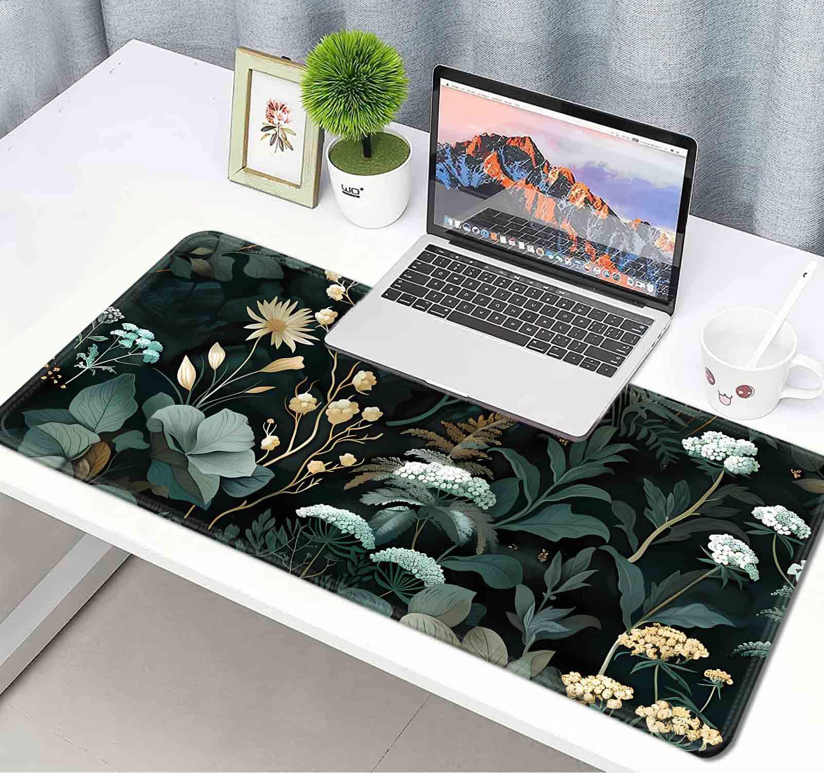 Green Floral XXL Desk Mat - Aesthetic Black Mouse Pad with Plant Design, Large Office Desk Accessory for Work & Gaming - Perfect Gift for Home & Workspace