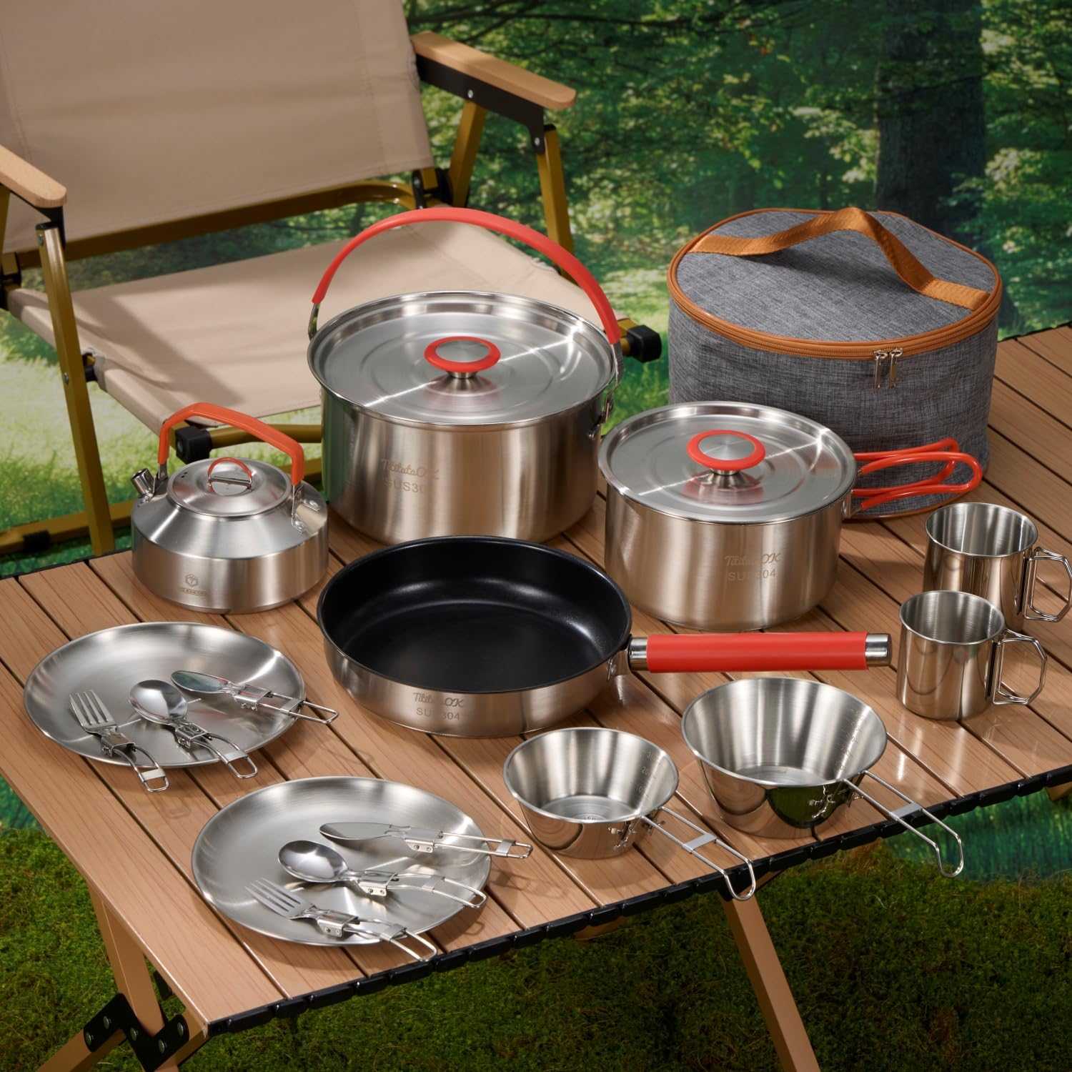 Premium 16-Piece Camping Cookware Set - 304 Stainless Steel Pots, Pans, Kettle with Storage Bag | Complete Kit with Plates, Bowls & Utensils (Knives, Forks, Spoons) | Compact & Durable for Outdoor Camping, Hiking, Picnics & Indoor Kitchen Use