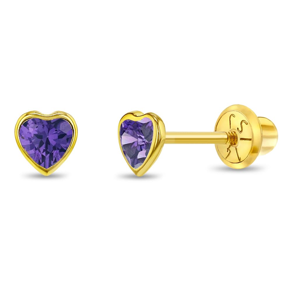 14K Yellow Gold 4mm Bezel Set Heart Cubic Zirconia Screw Back Earrings for Baby Girls, Toddlers & Young Girls - Hypoallergenic Kids Earrings with Secure Locking Screw Backs | First Ear Piercing Gift, Birthday Present, Special Occasion Jewelry