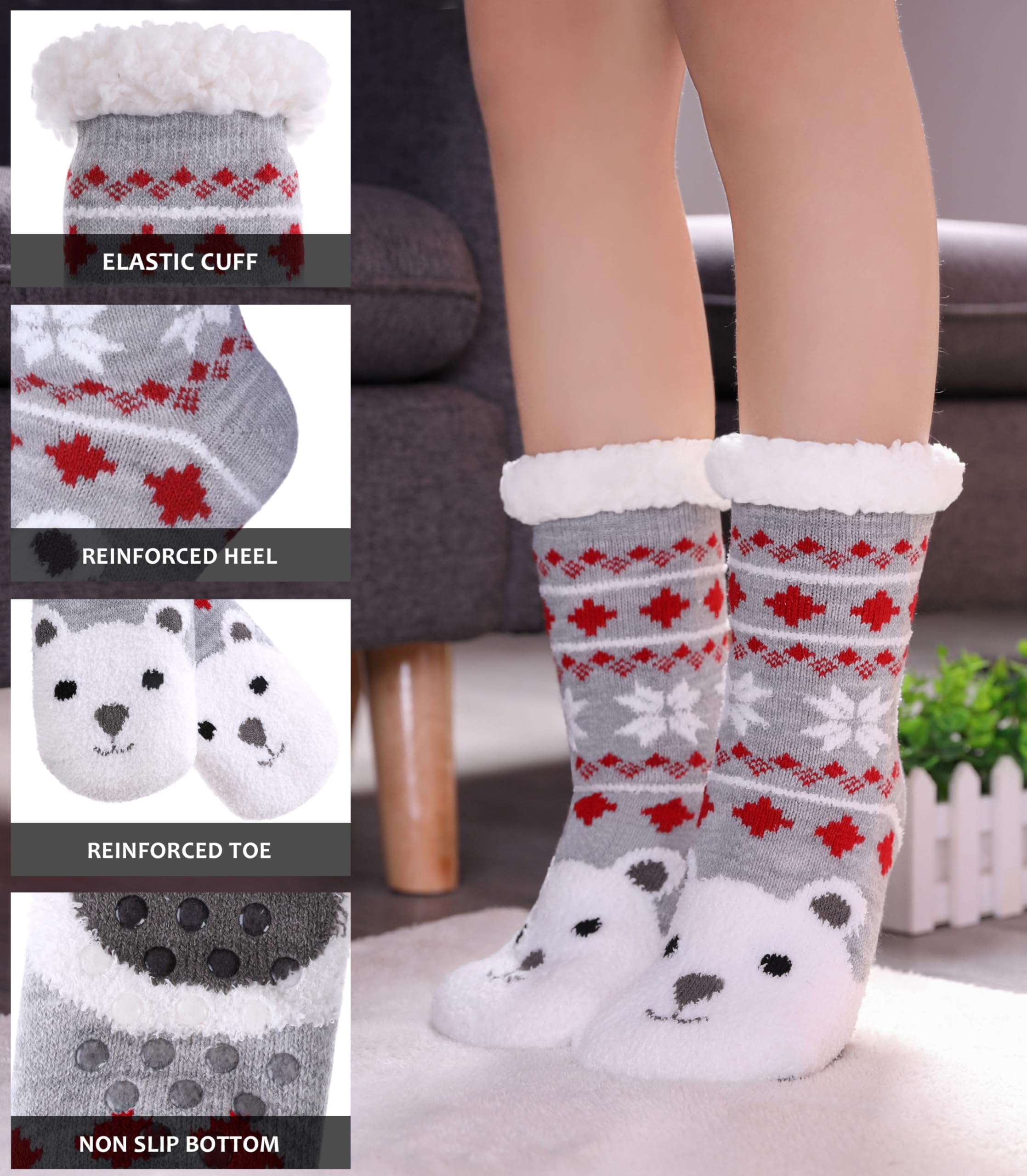 SDBING Kids Fuzzy Slipper Socks for Boys & Girls - Soft Cozy Fluffy Grips Socks with Non-Slip Soles | Warm Winter House Slippers for Indoor Comfort, Christmas Gifts & Holiday Wear