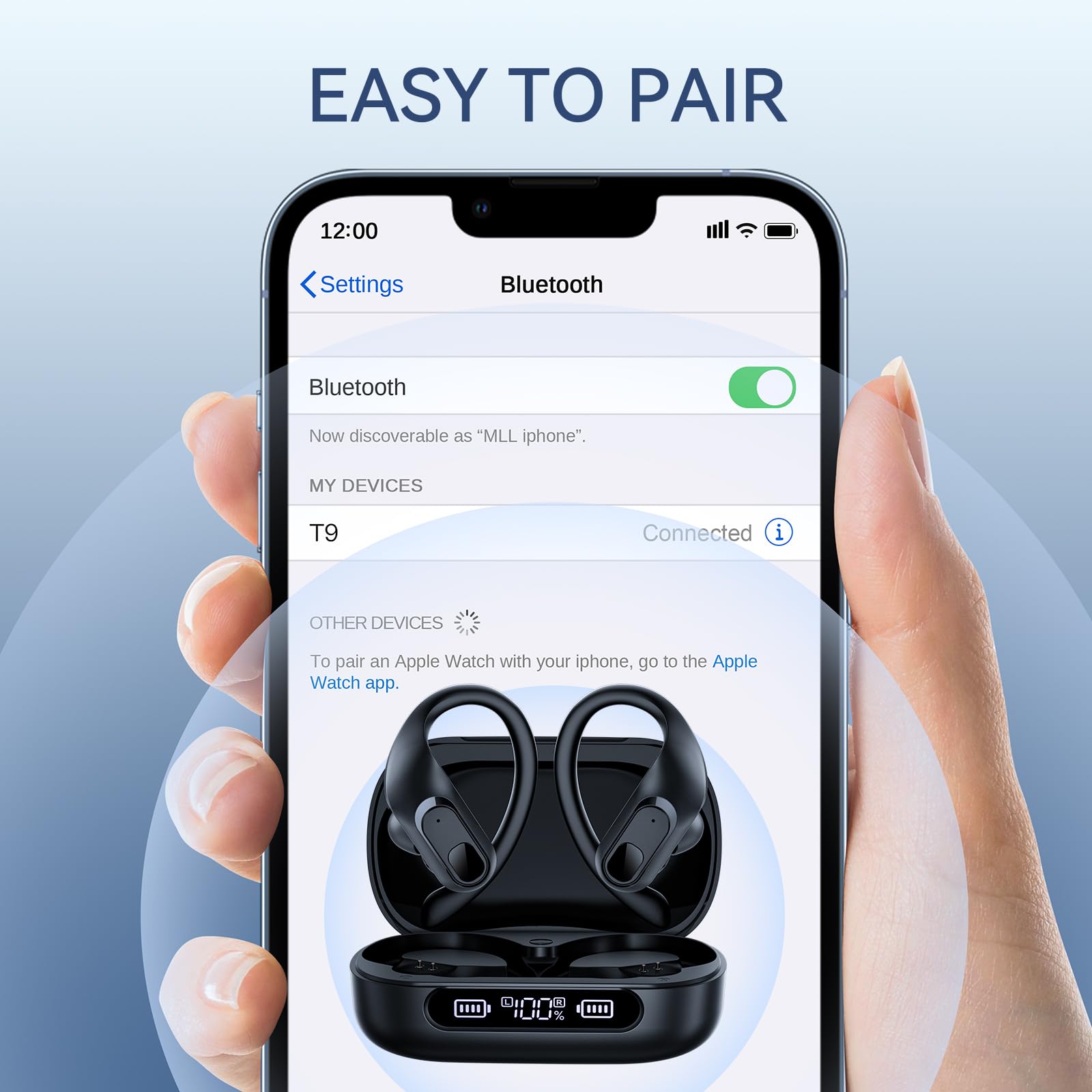 Wireless Bluetooth Earbuds with Earhook - 96H Playtime, Sweatproof Sport Earphones with Charging Case for Running, Workout & Gym - Stereo Sound, Secure Fit Headphones (Black) | Perfect for Jogging, Fitness Training & Outdoor Activities