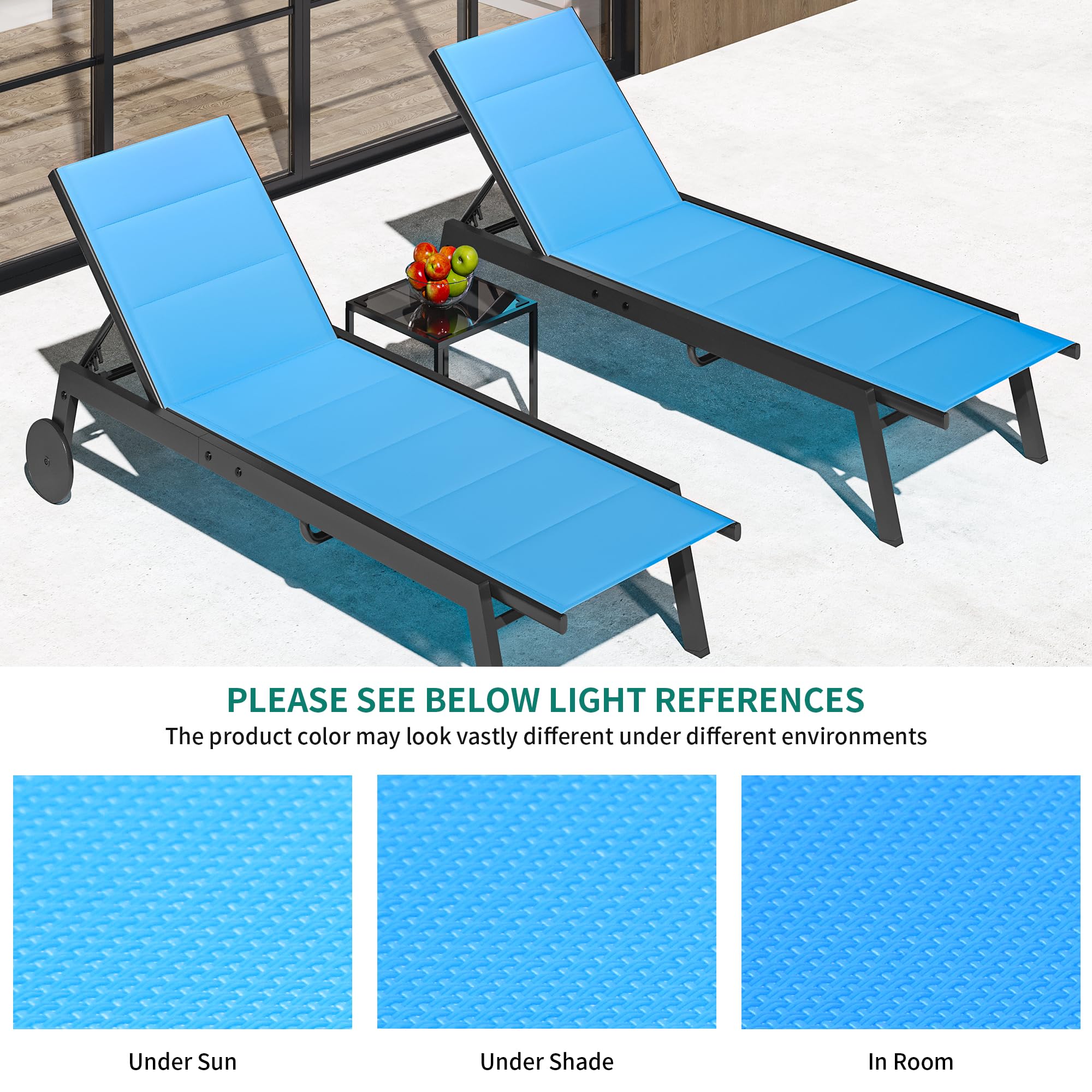 YITAHOME 3-Piece Patio Chaise Lounge Set with Side Table - Adjustable Backrest Outdoor Lounge Chairs with Padded Fabric & Wheels - Perfect for Poolside, Beach, Patio & Porch Relaxation - Blue