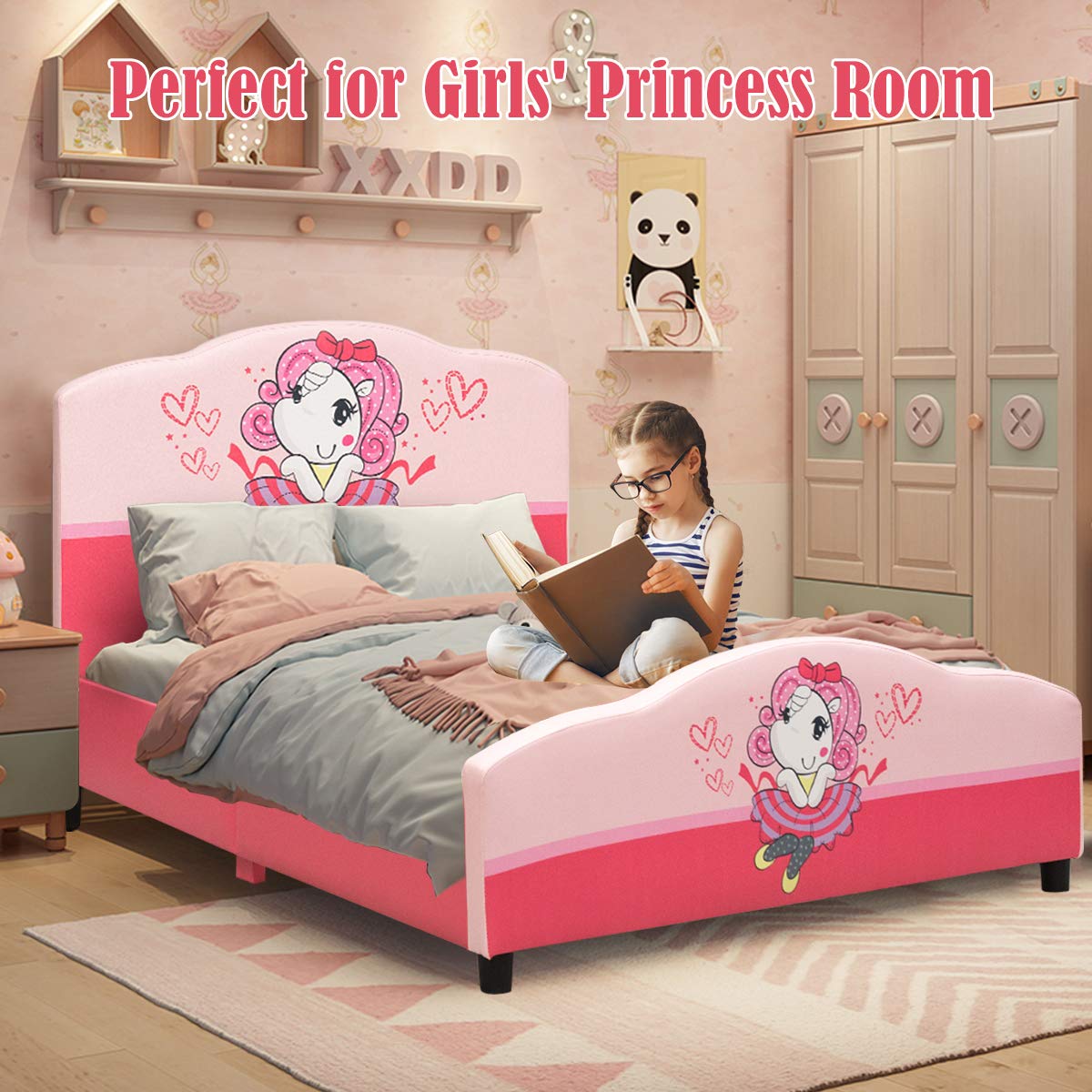 Costzon Twin Bed Frame for Kids - Wooden Upholstered Platform Bed with Slat Support, Padded Headboard & Footboard - No Box Spring Needed - Easy Assembly - Fits Standard Twin Mattress - Perfect for Little Girls' Bedrooms, Playrooms & Sleepovers
