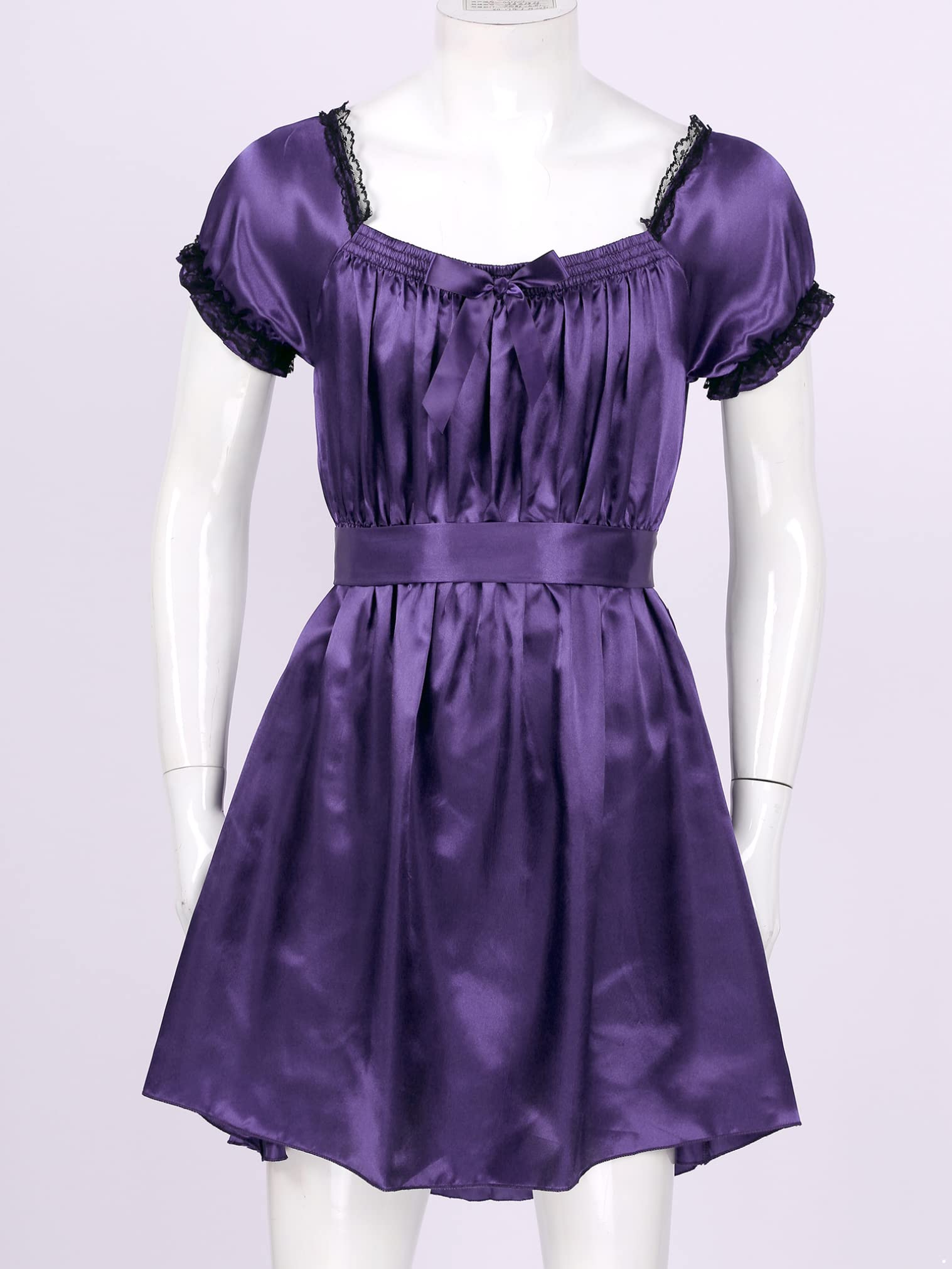 JEATHA Men's Satin Maid Nightdress - Frilly Lace Trim High-Low Hem Crossdressing Lingerie Sleepwear for Cosplay, Role Play & Special Occasions