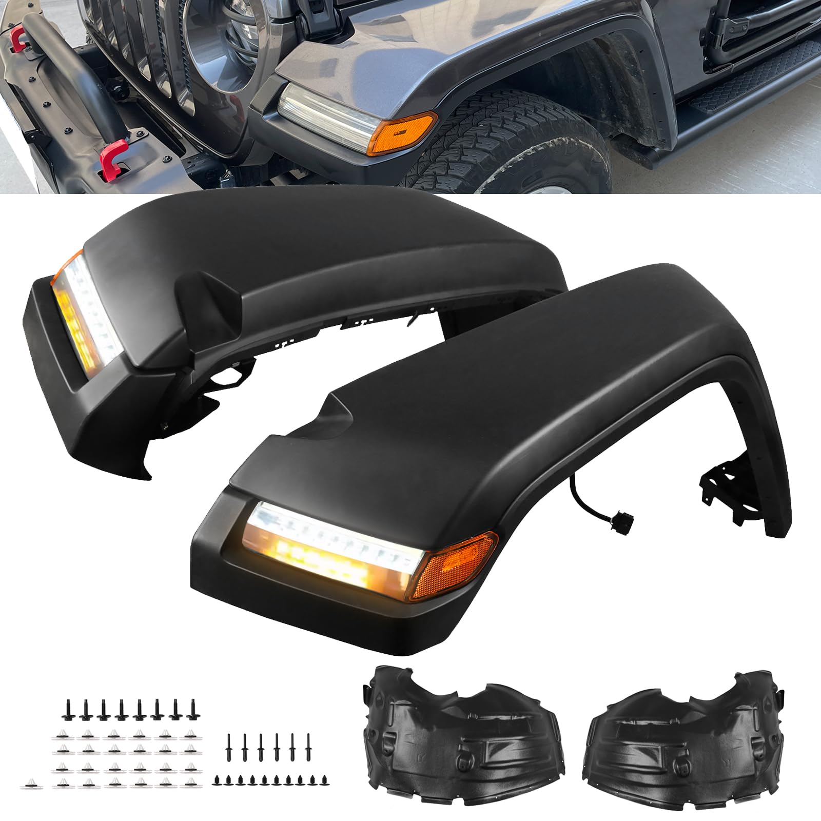 Jeep Wrangler JL JLU Rubicon Front Fender Flares with LED Lights (4-Piece Set) - High Top Design for 2/4 Door Models 2018-2024 | Off-Road Protection & Stylish Upgrade for Jeep Enthusiasts