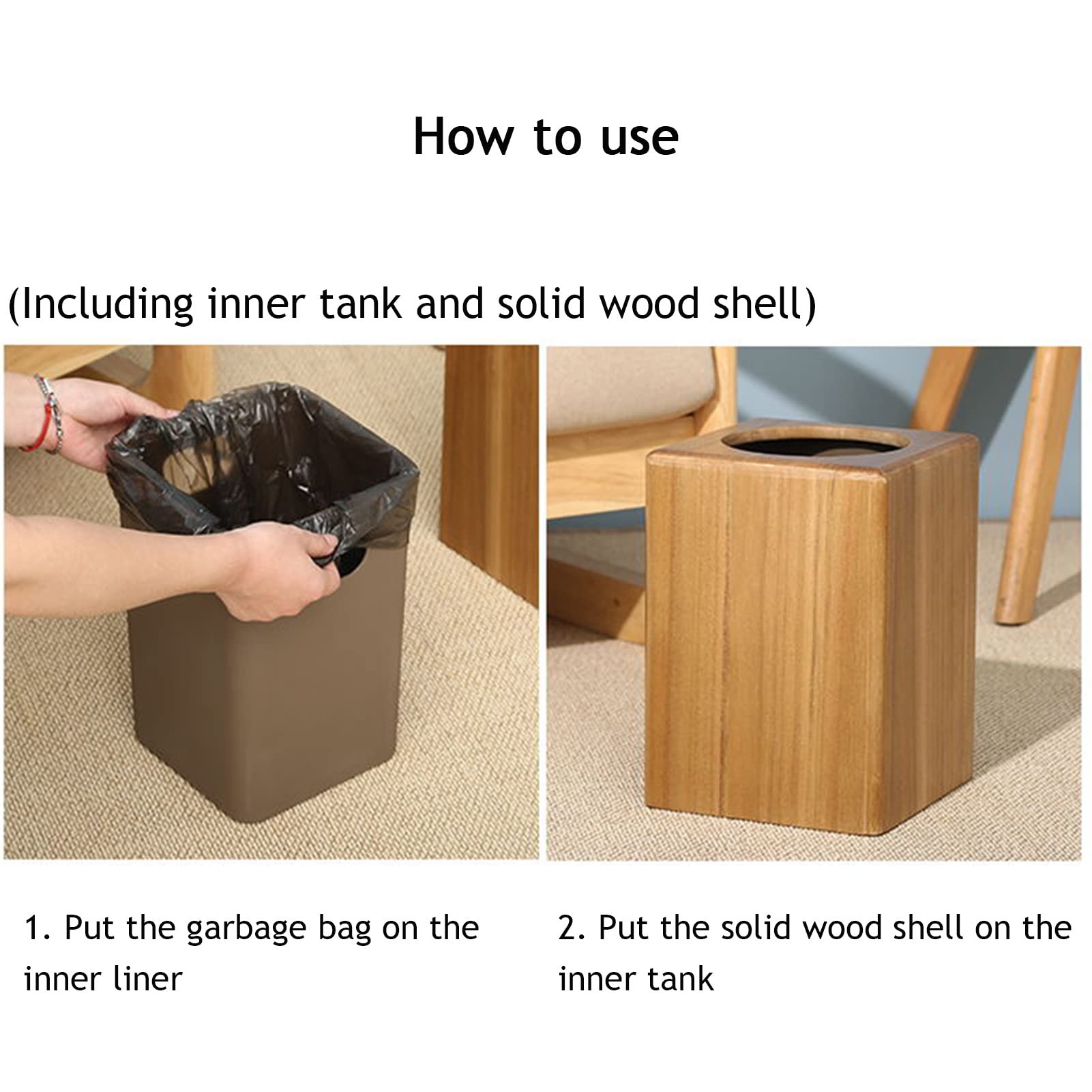 8L Teak Wooden Square Trash Can with Plastic Inner Liner - Stylish Kitchen Garbage Bin for Living Room, Office, Bathroom & Bedroom - Perfect Waste Basket for Home Storage and Organization