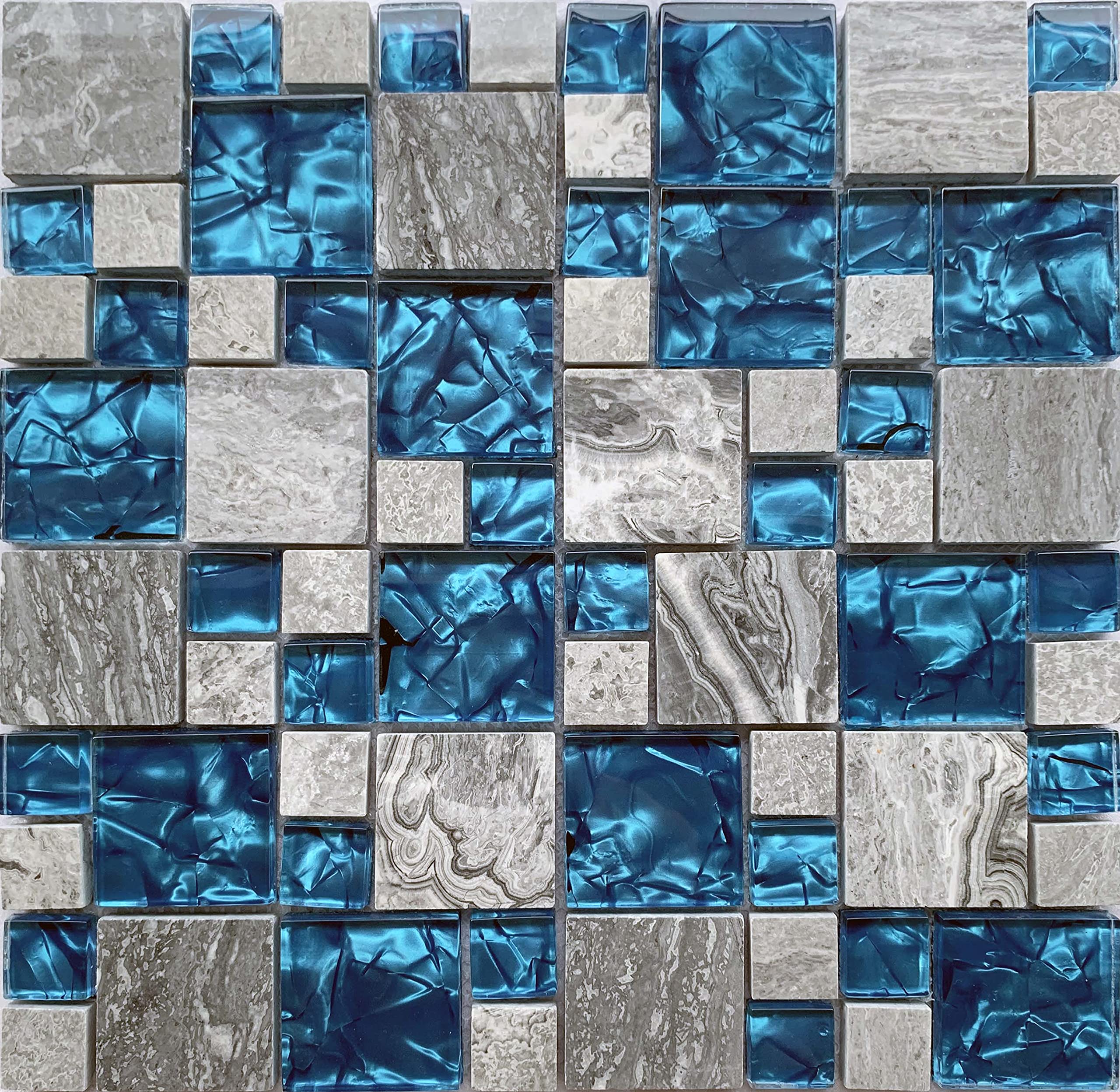 Polished Gray Marble Backsplash Tile with Teal Blue Glass - Versailles Pattern Mosaic for Kitchen, Bathroom, Shower Wall & Fireplace Decor (11 Sq Ft) - Waterproof & Stain Resistant for Easy Cleaning